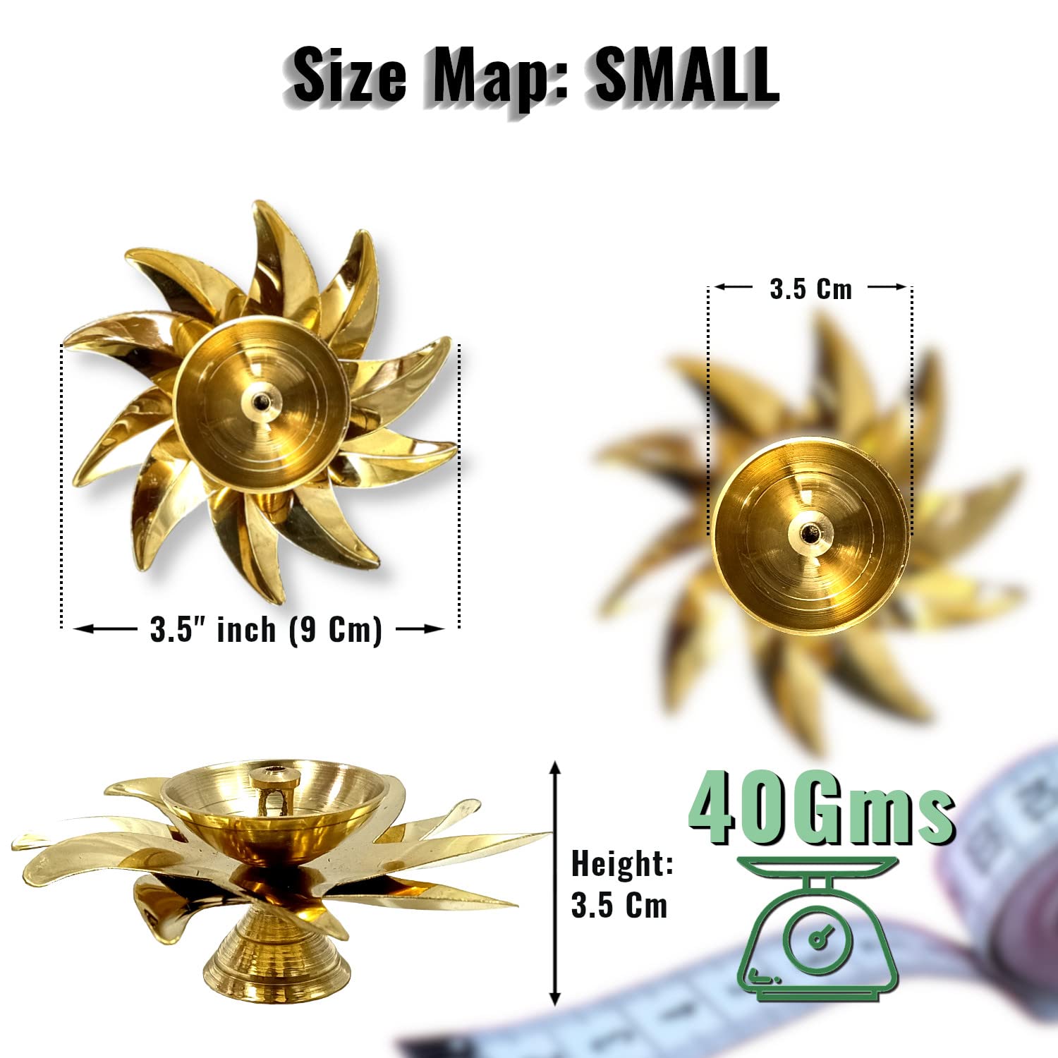 Lamina Decorative Brass Diya for Puja (Set of 10 Small 3inch Golden Sun Design) Center Wick Holder Pital Akhand Deep Vilakku for
