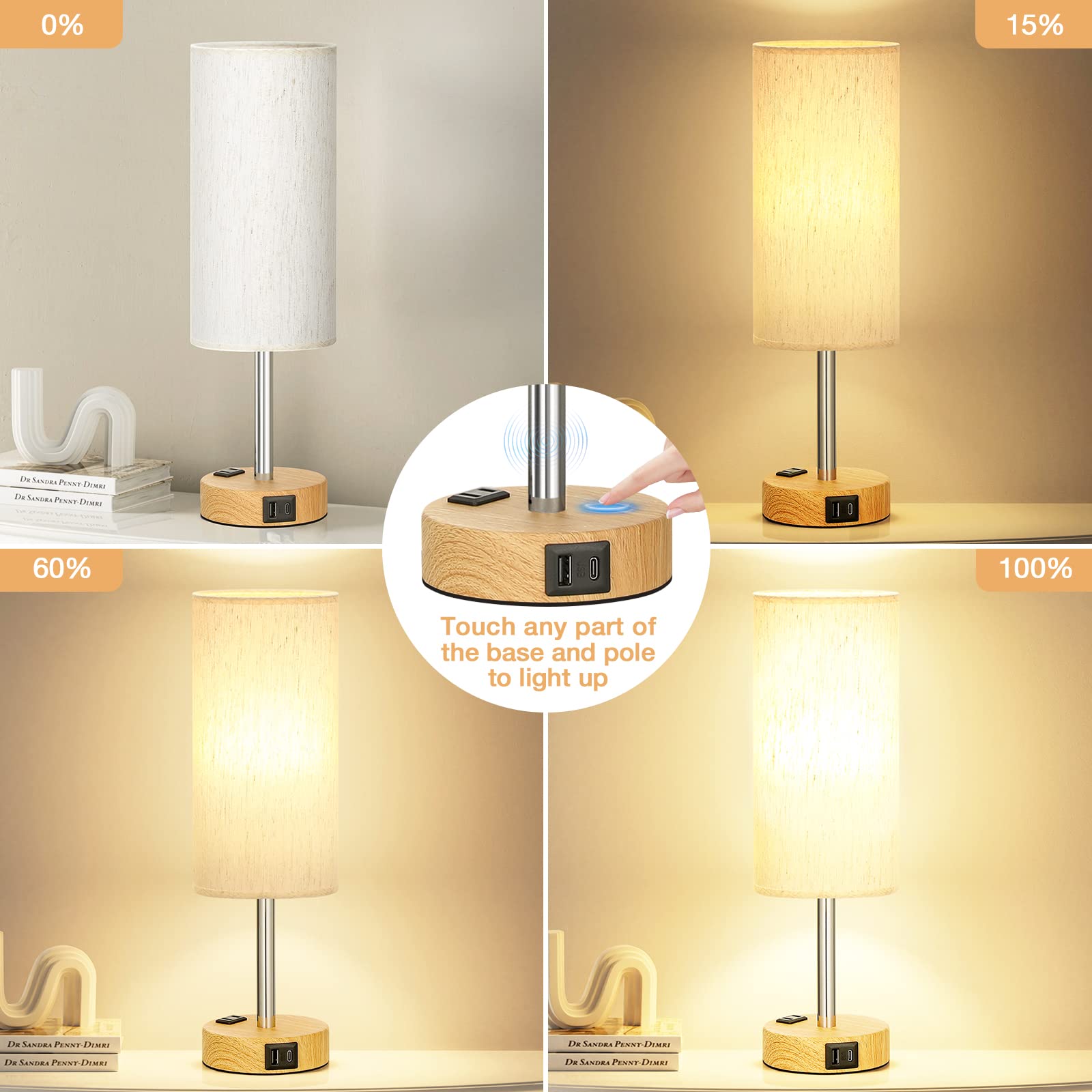 Fenmzee Bedside Table Lamp - 3 Way Dimmable Touch Control, 14" Cream Shade-Wood Base, USB Charging, LED Bulb Included