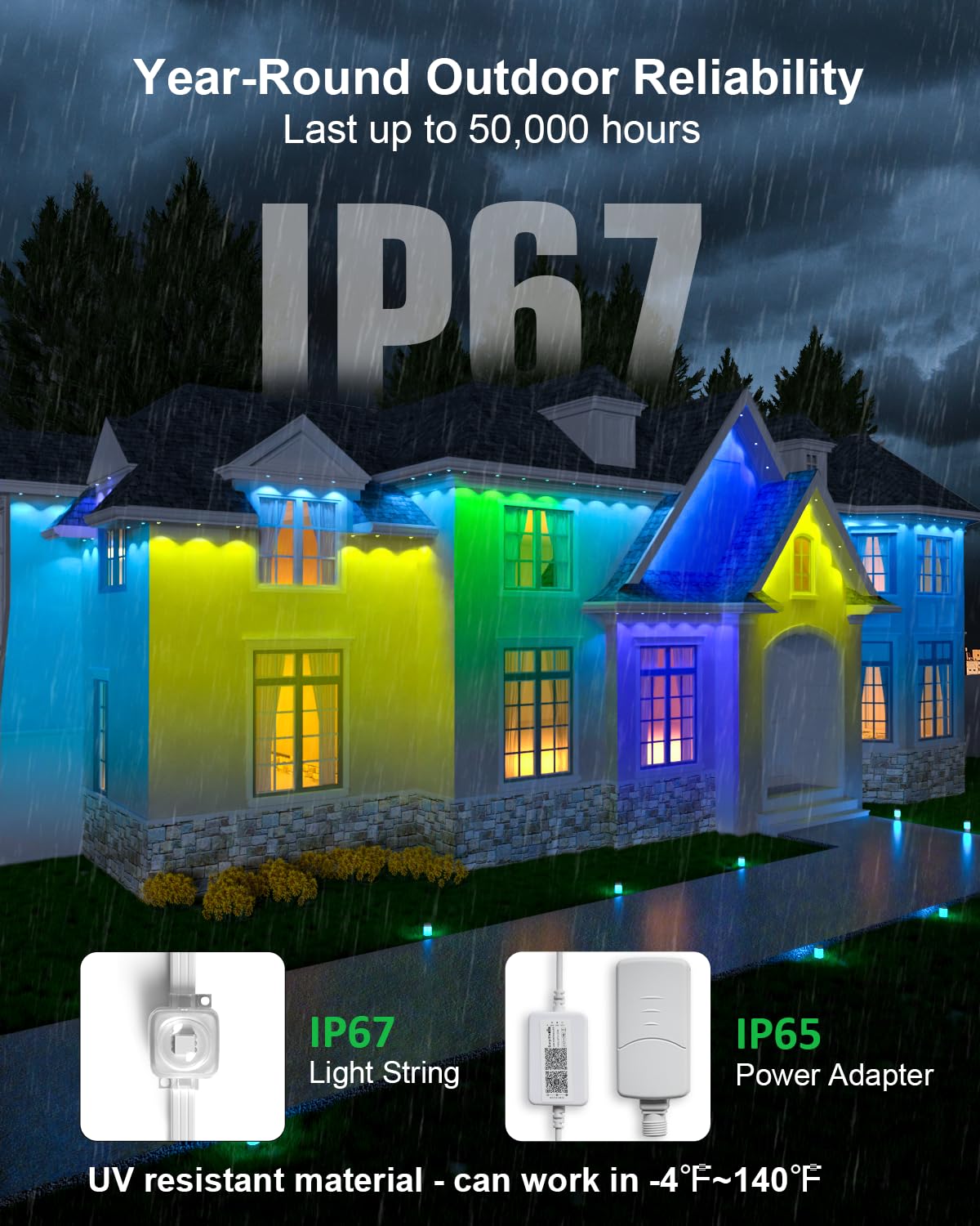 Tropwellhouse 100ft RGB+IC Outdoor Lights, 72 Modes, IP67 Waterproof, Alexa/Google Compatible, Plastic, White, Model YM2025