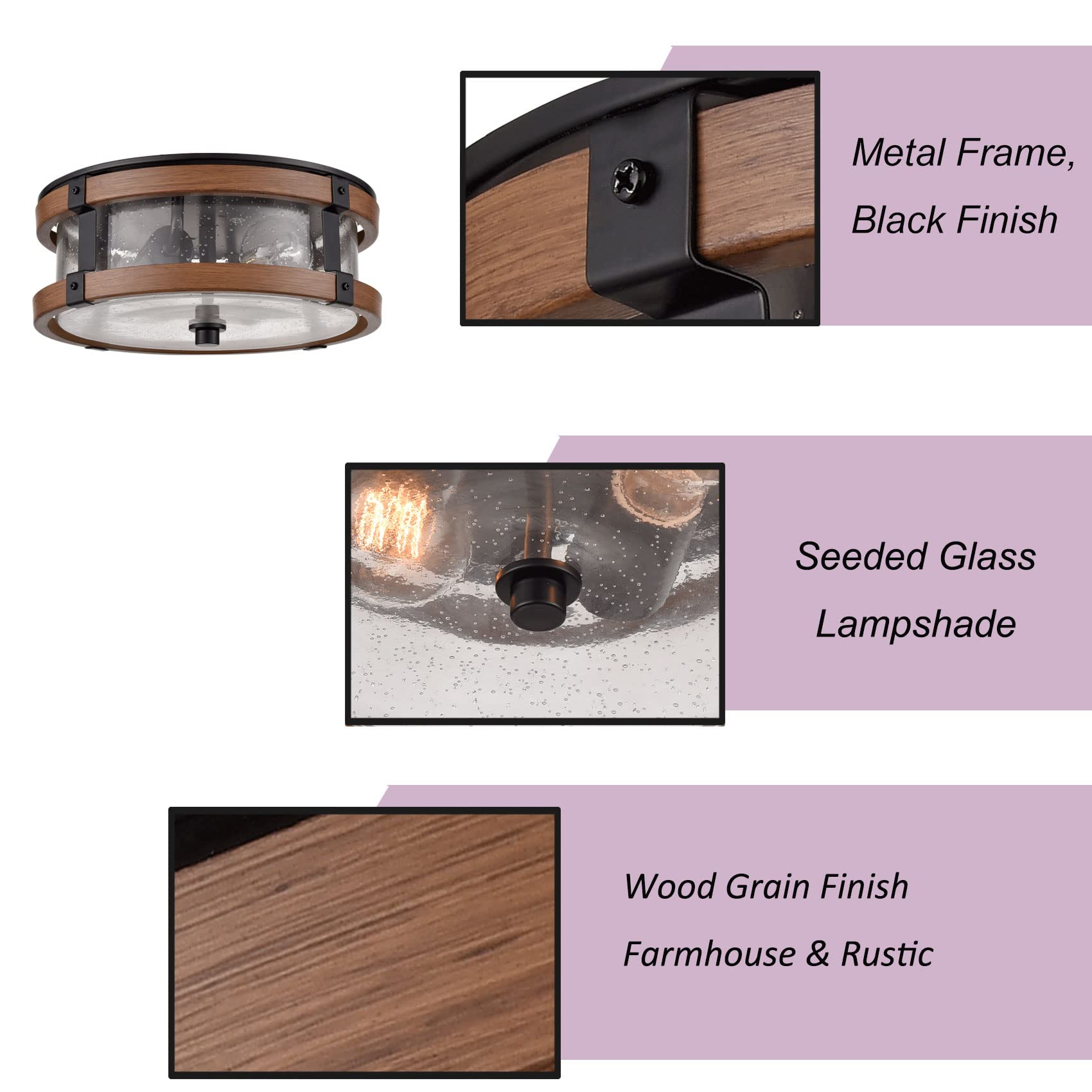 Deynite Farmhouse Ceiling Light Fixture 2-Light Hallway Ceiling Light In Black & Rustic Wood Grain Finish With Clear Seeded Glas
