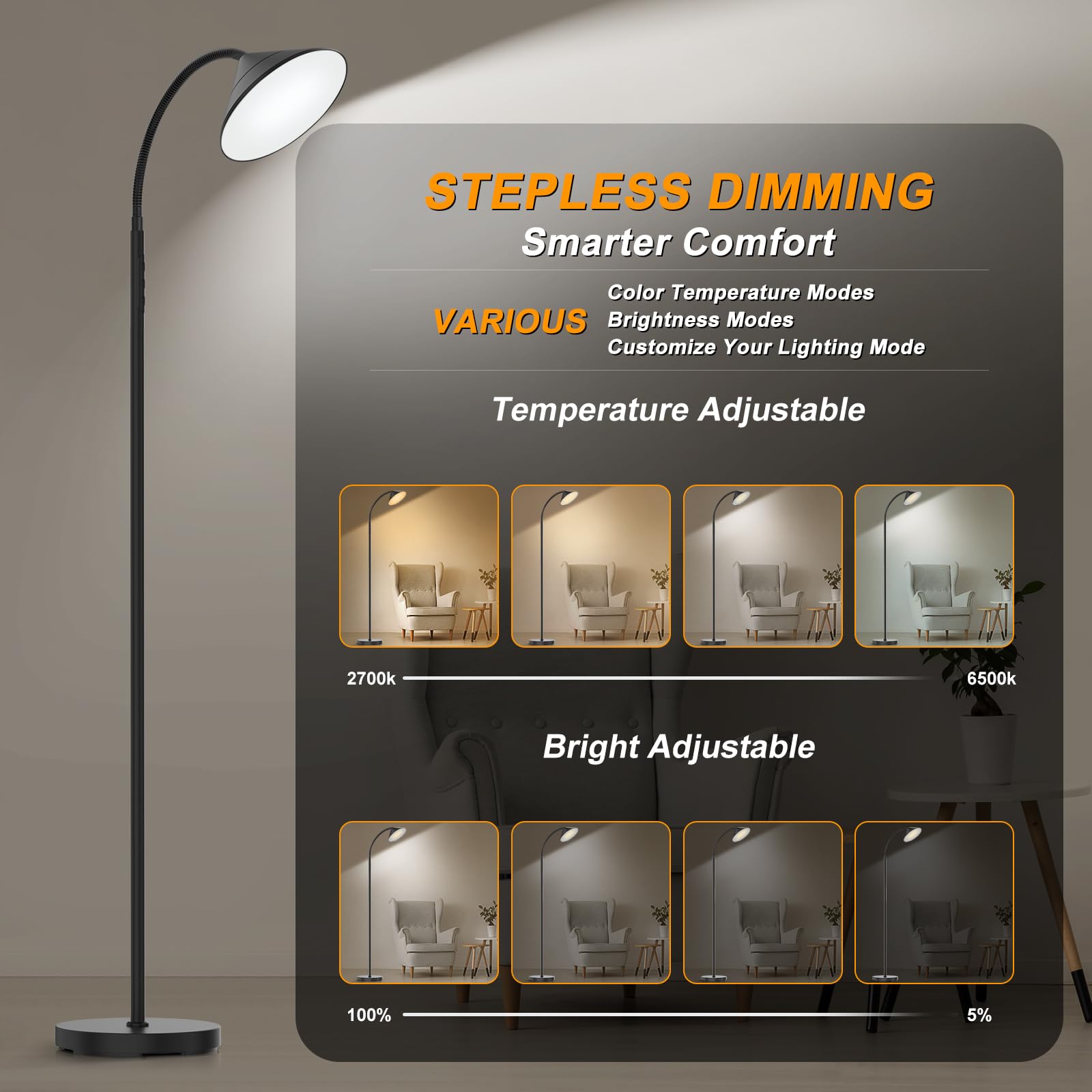 Mukuxin Tall Led Floor Lamp, Dimmable 2700K-6500K, Remote & Touch Control, Black