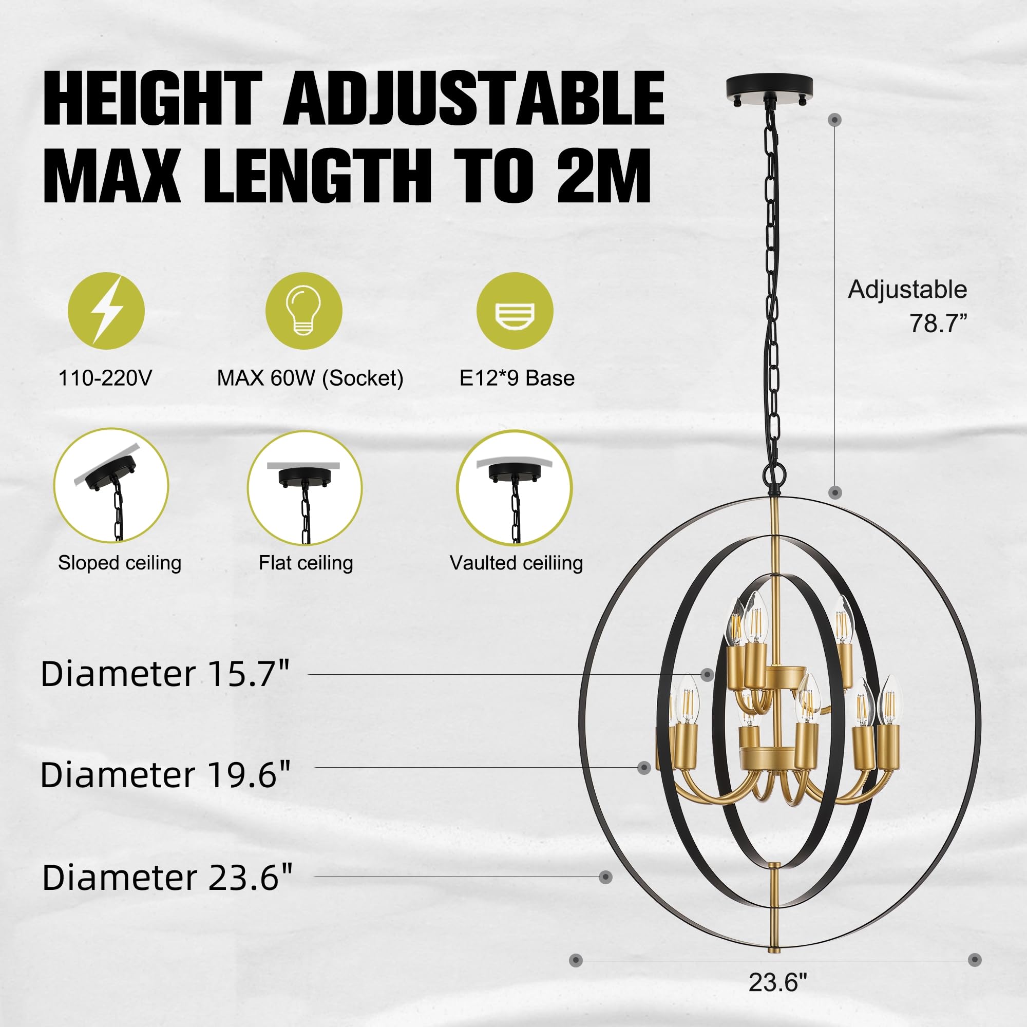 TACDANDM 9-Light Globe Chandelier, 23.6" Black Gold Metal Pendant Light for Entryway, Foyer, Bedroom, Model YX-2402-BG