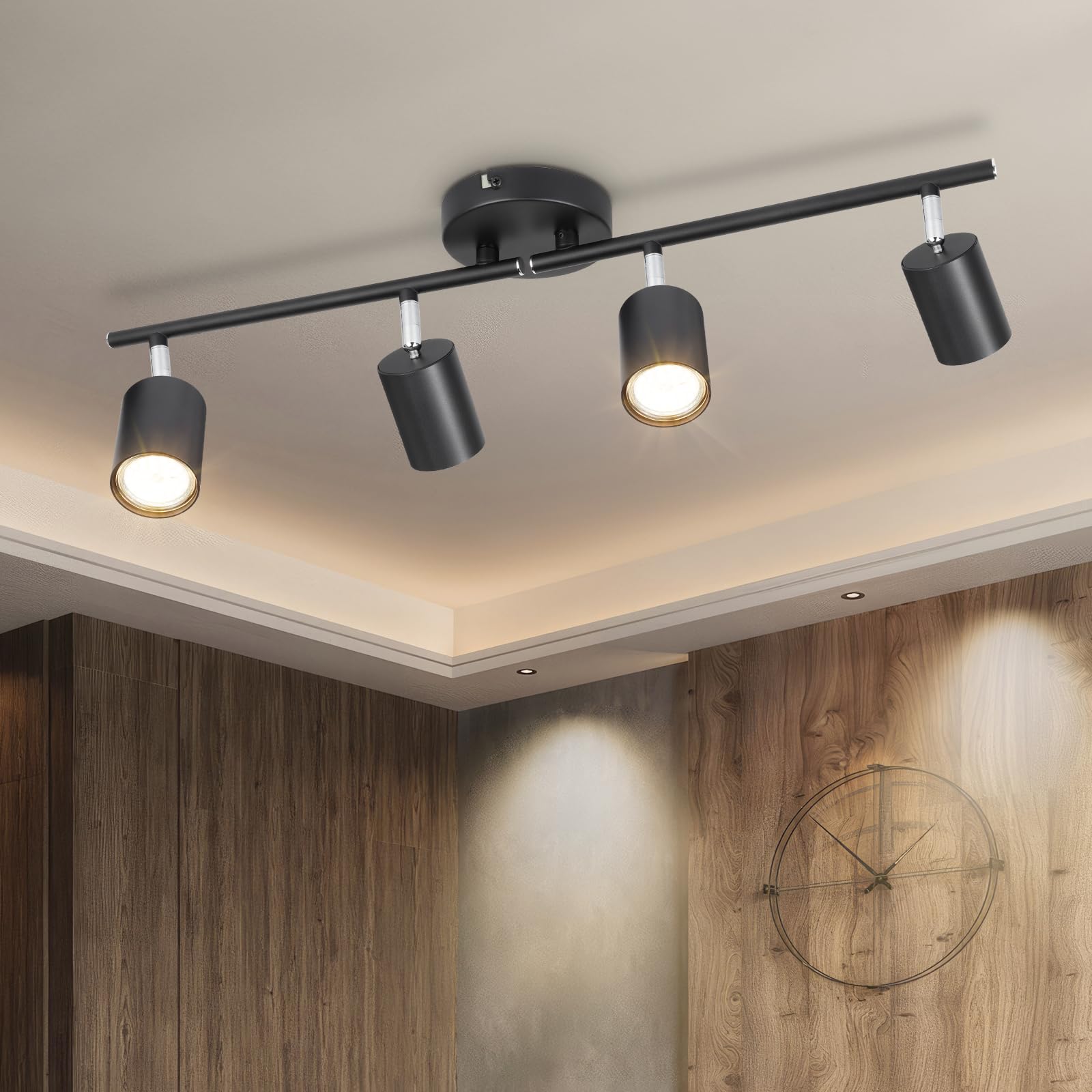 Ketom 4-Light Track Lighting Fixtures Ceiling, GU10 Black Led Ceiling Spotlight, Modern Track Light Kit for Kitchen Hallway Livi