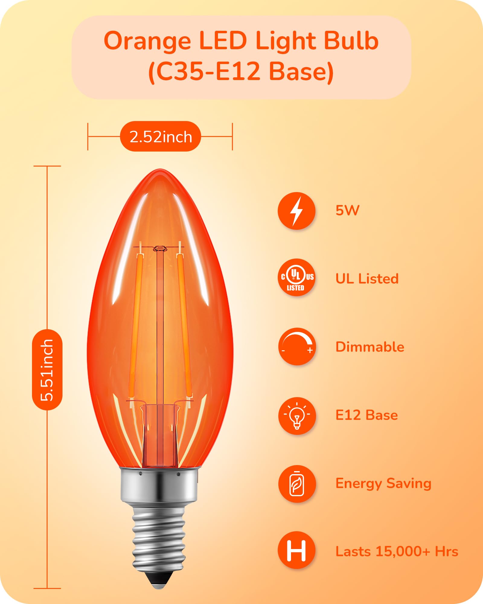 Edishine C35 Orange Dimmable Led Light Bulbs, 5W Equivalent 60W, Led Filament Light Bulb, 6 Pack E12 Socket, Clear Glass Edison