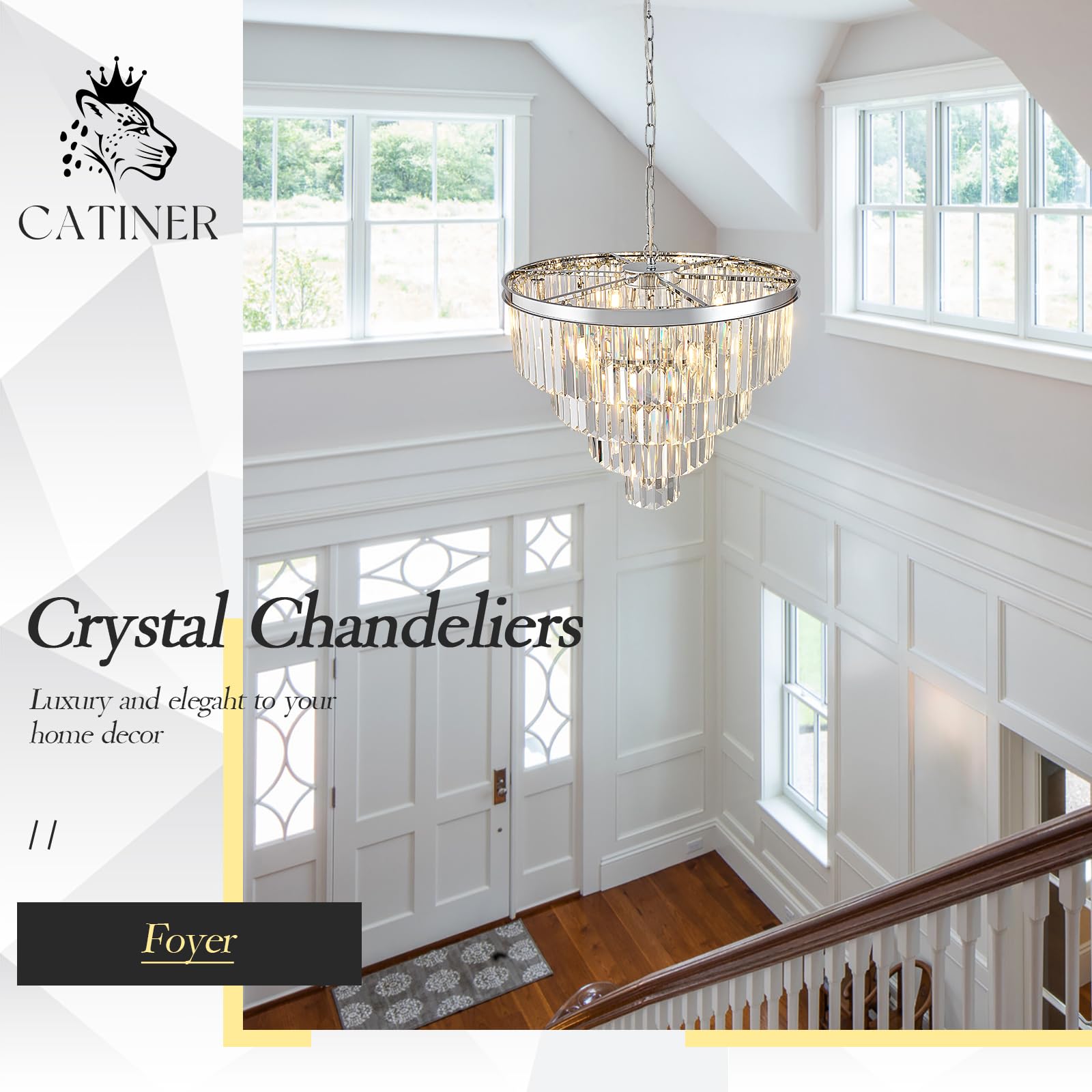 Catiner Modern Crystal Chandeliers Chrome 24    Luxury Chandeliers 4-Tier 12 Lights K9 Crystal Round Ceiling Pendant Light Fixtu