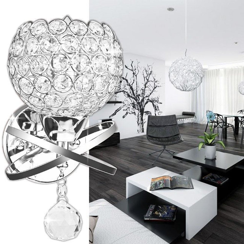 WeFoonLo Round Modern Crystal Wall Light Sconce with Plug, E26 Socket, Chrome Finish, Model TL1135