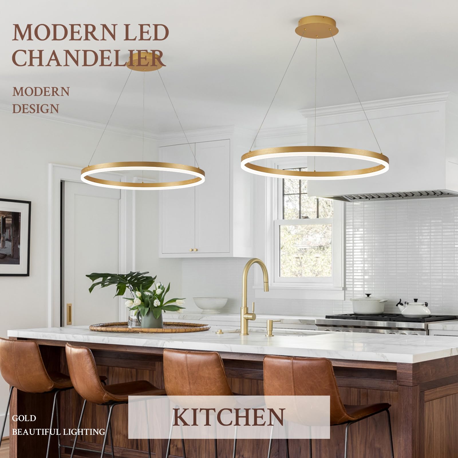 Sparklelf Modern Led Pendant Lighting 24 Ring Chandelier Gold Dimmable Led Chandelier For Dining Room 36W Adjustable Pendant Light Fixture For Living Room Bedroom Home Office Foyer  3000-6500K