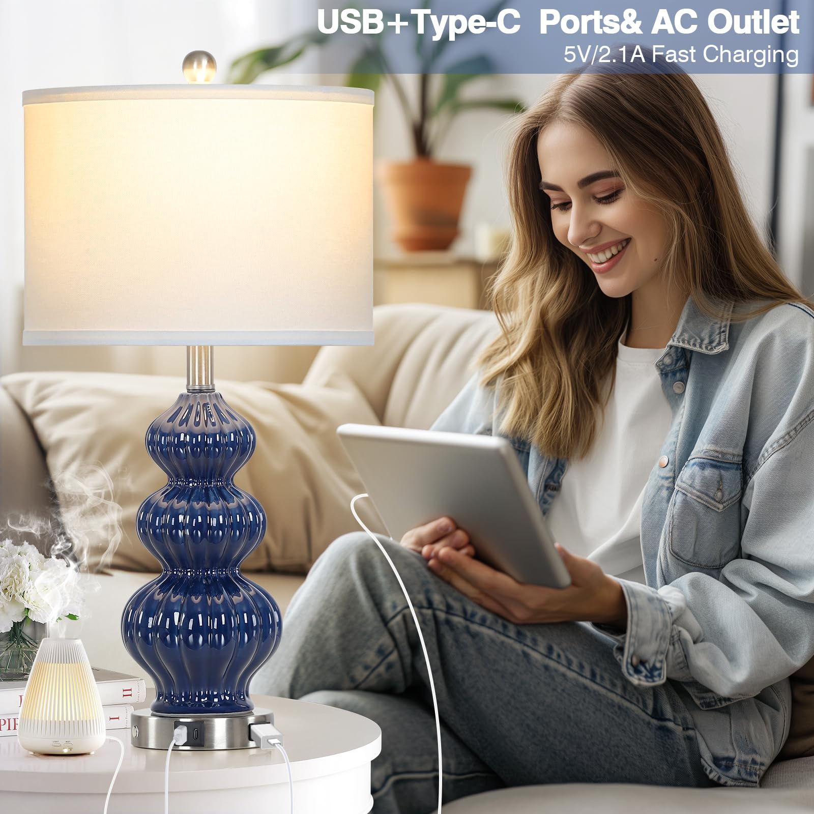 Rinweey Triple Gourd Ceramic Table Lamps Set Of 2, Modern Blue Bedside Lamps With Usb A+C Ports & Ac Outlet, 3 Way Touch Control Contemporary Nightstand Lamps For Bedroom Living Room