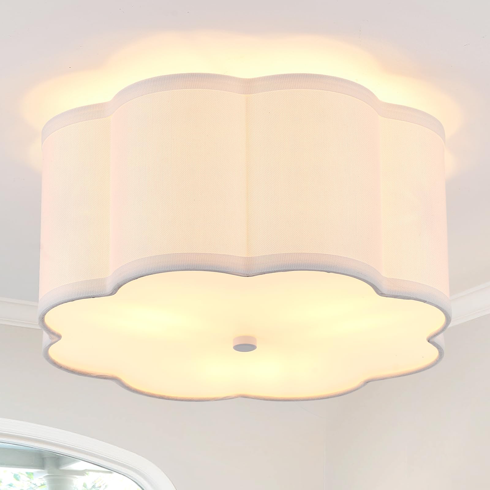 Widluth Modern Drum Semi Flush Mount Ceiling Light Fixture Modern 12.99” White 3-Lights Drum Ceiling Lighting Vintage Linen Ceiling Lamp For Kitchen, Basement, Dining Room, Bedroom, Laundry Room
