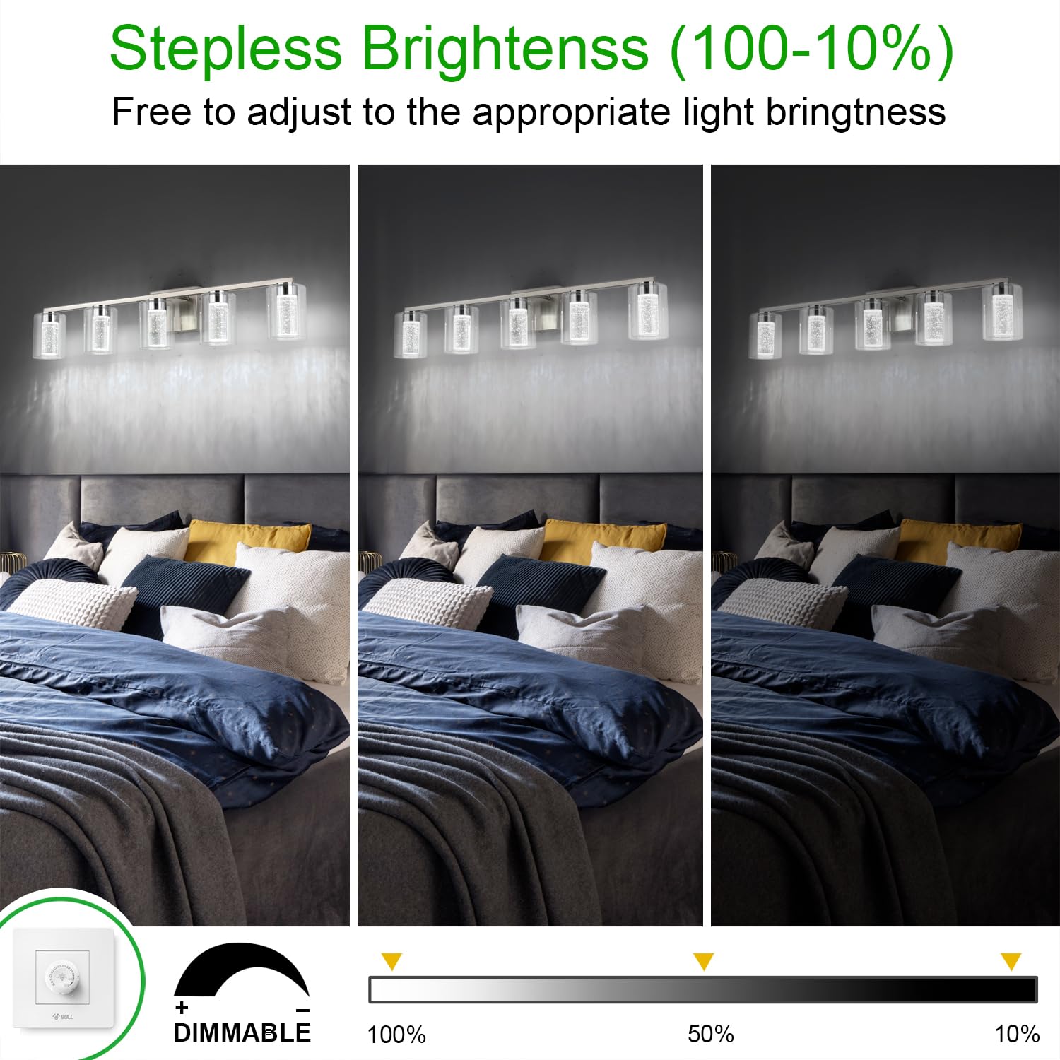 SineRise 5-Light Brushed Nickel Vanity Light, Dimmable LED with 3 Color Modes, Modern Bathroom Fixture, Clear Glass Shade