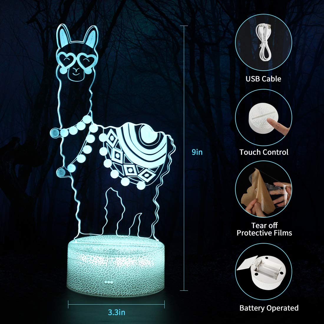 Hoofun 3D Llama Night Light, Acrylic, Remote Control, 16 Colors, Model AZ-PWM0-YANGTUO, Love Heart Design