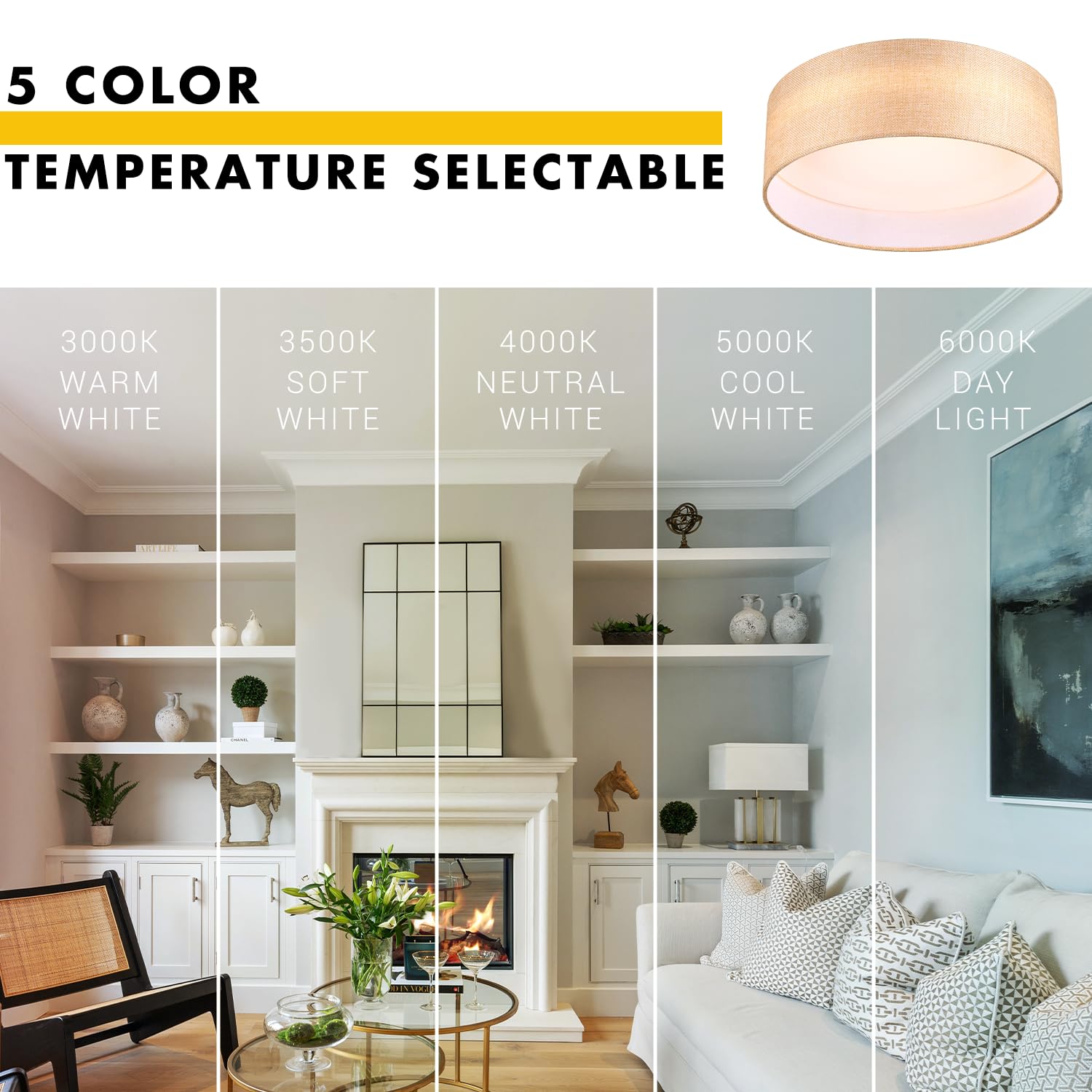 Hamilyeah 12&quot; Led Flush Mount Ceiling Light, Gold Fabric, 24W, Modern Fixture For Kitchen & Bath