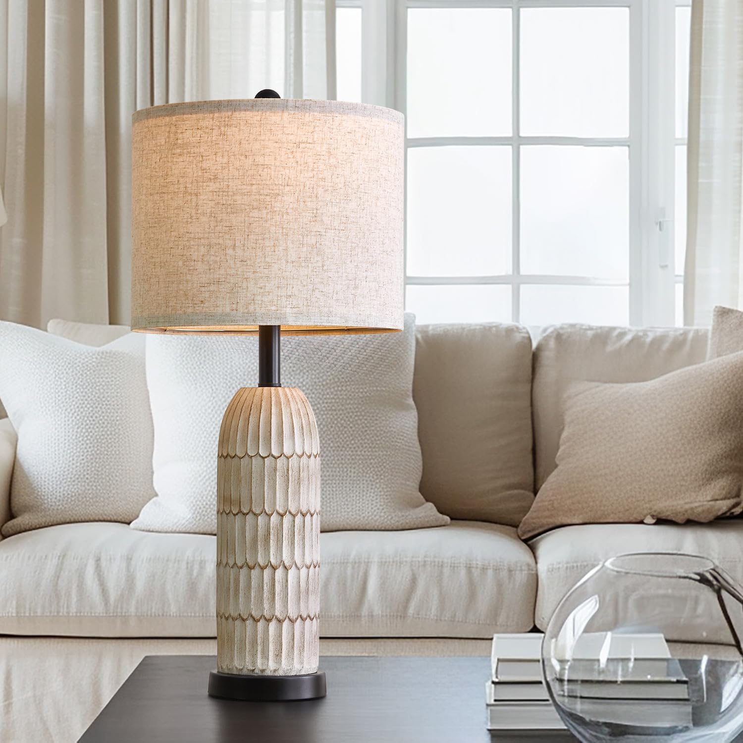 OYEARS Table Lamps Set of 2 - 26.5" Bedside Lamps with USB A+C Charging Ports, Rustic Wash White for Nightstands and Bedrooms
