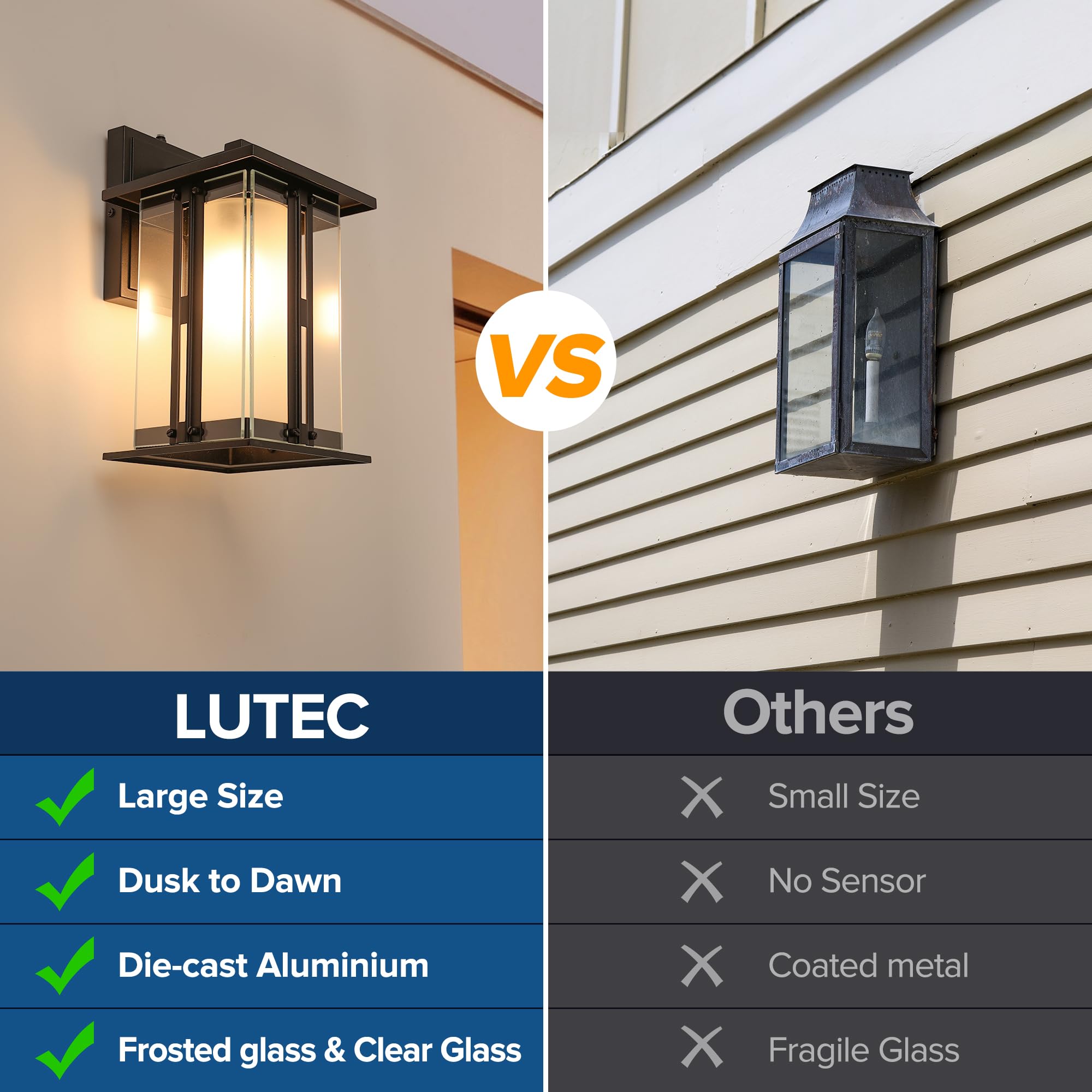 LUTEC 13" Dusk to Dawn Outdoor Wall Sconce, Black Aluminum, Waterproof Craftsman Light Fixture, E26 Base, Pack of 2