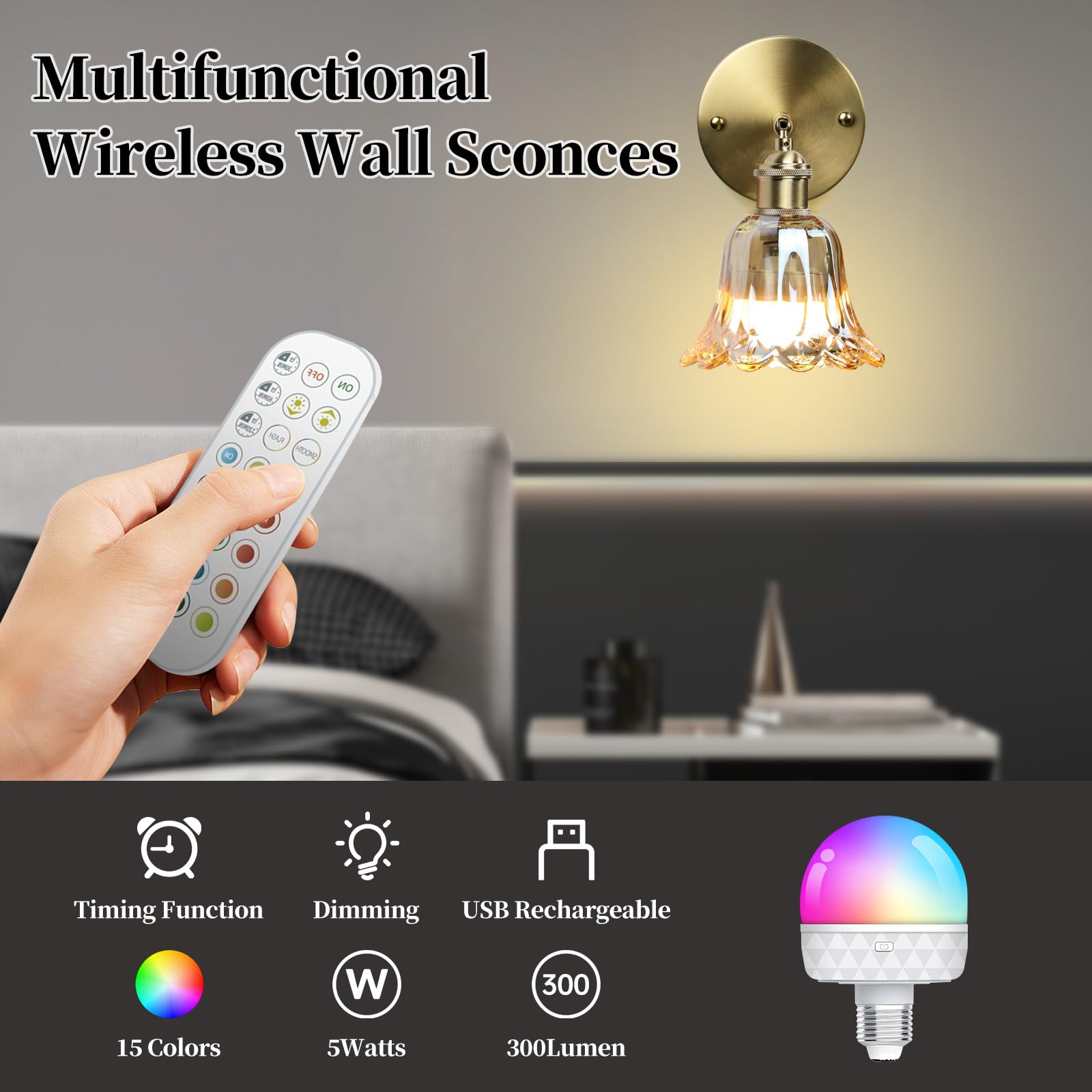 GEEZO Vintage Battery Operated Wall Sconce, Rechargeable, Remote Control, 2 Pack, Pineapple Amber, Model GEEZO-Y-3