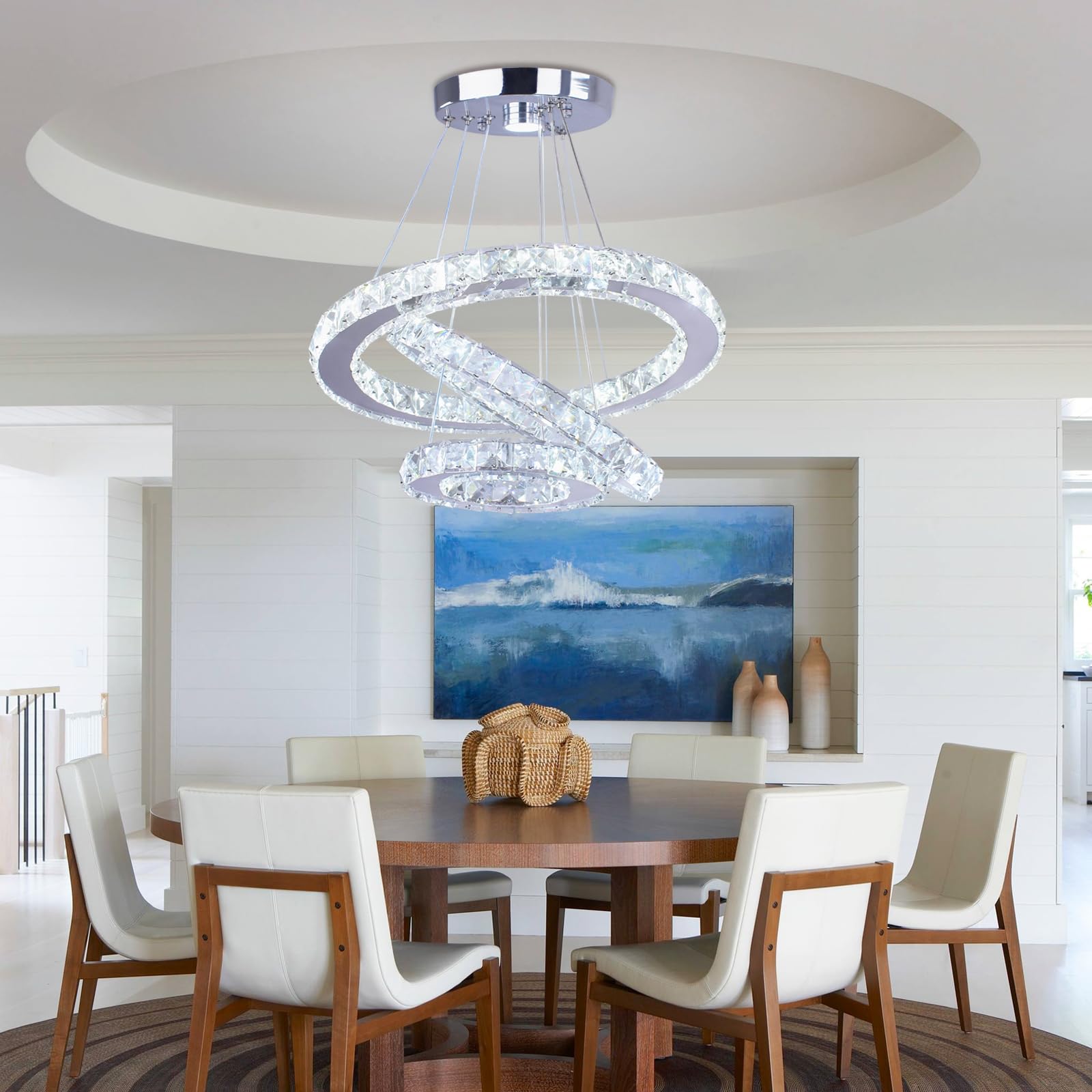 Cainjiazh LED Crystal Chandelier, Dimmable 3-Ring Pendant Light, Adjustable Stainless Steel Fixture for Bedrooms & Living Rooms, Model US-234ROUND-Dimm