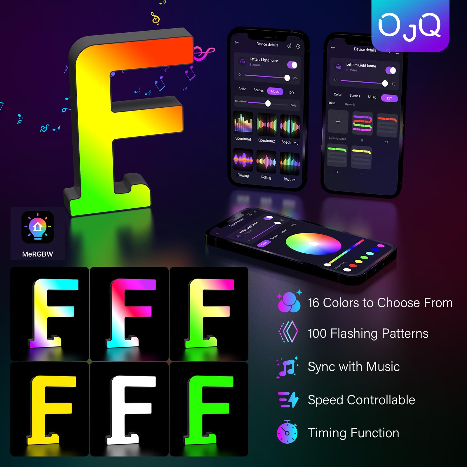 OJQ LED Light Up Letters - Colorful Alphabet Decor for Bedroom, Music Sync, Model A1, Plastic, Great Gift for Girls