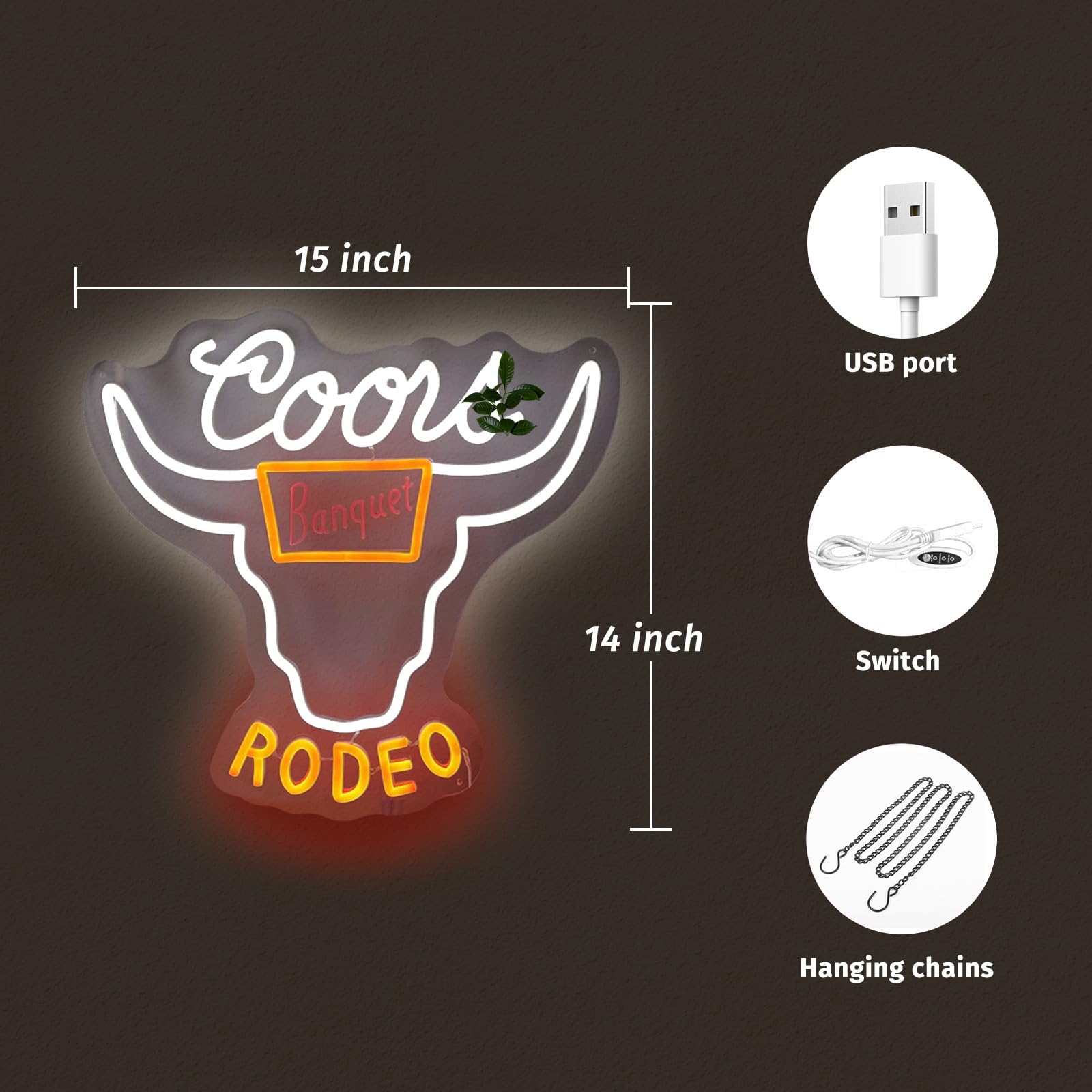 ADS JIE Cowboy Neon Sign - Cow Skull LED Wall Decor, USB Powered, 14x13 Inch, Plastic & Metal, Model cow67