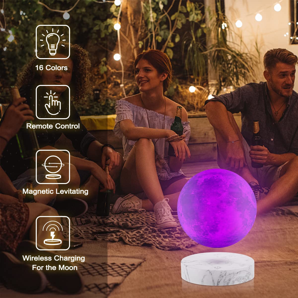 VGAzer Levitating Moon Lamp, 3D Printed LED, 20 Modes, Marble Base, 16 Colors, Unique Gifts, Room Decor, Night Light, Desk Toy