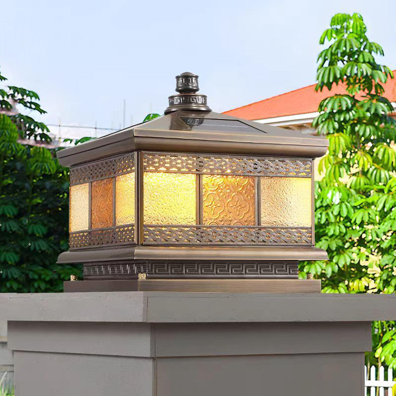 All Copper Steel Glass Outdoor Post lights  Waterproof Pillar Light  Vintage Patio Lawn Column Lamp outdoor column lights Deck Lights  Lantern Fence Lamp Fixture E26 Base (Flower glass  16X16IN)