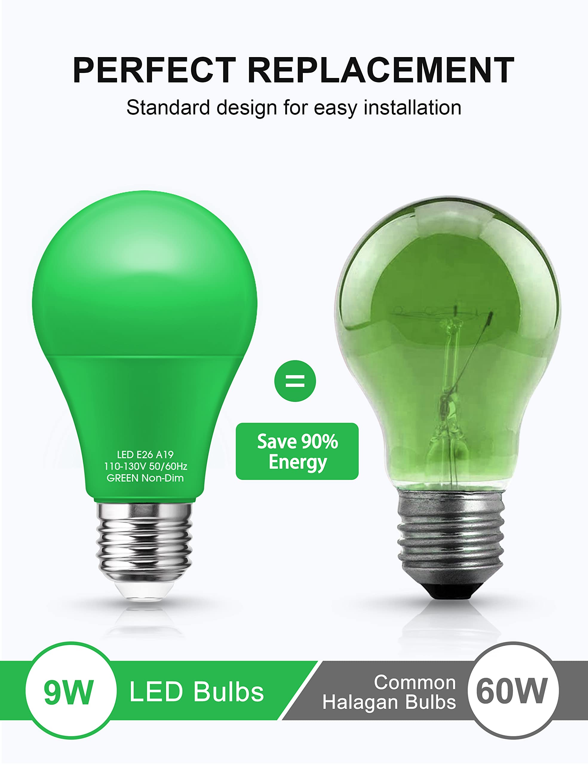 Green Light Bulb? 4 Pack?  9W (60W Equivalent) A19 Green Light Bulbs  E26 Base Non-Dimmable 720Lm 120V Porch Light  Led Colored Light Bulbs For Christmas Decor Party Holiday Lighting