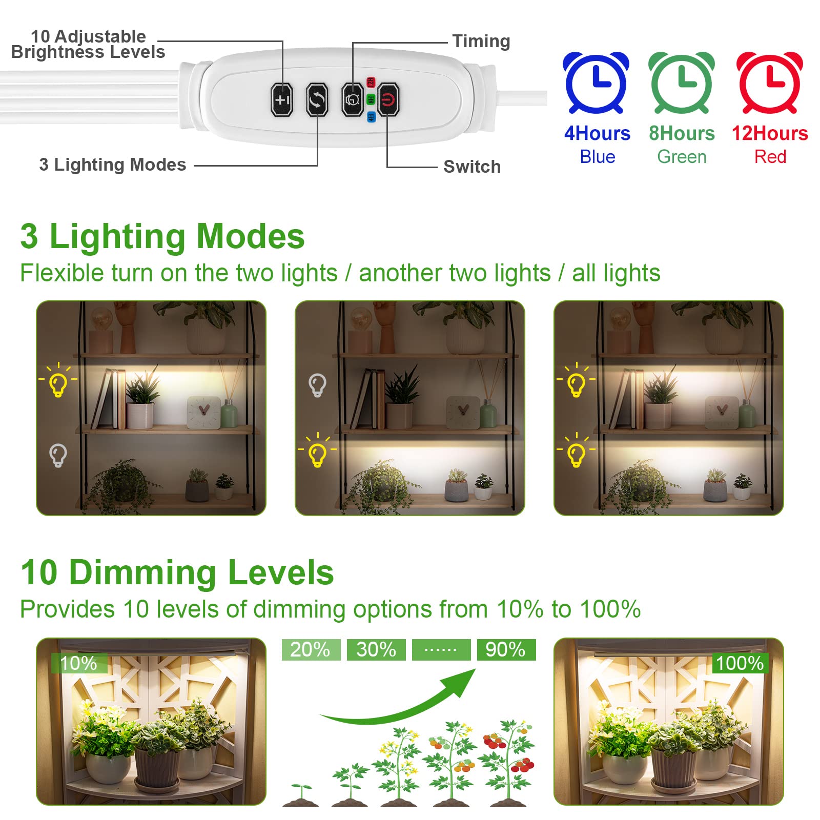 Foxgarden® Grow Light, Full Spectrum Plant Light Strip For Indoor Plants, 384 Led Bright Grow Lamp With Auto On/Off Timer 4/8/12H, 4 Switch Modes, 10 Dimmable Brightness, 4 Packs