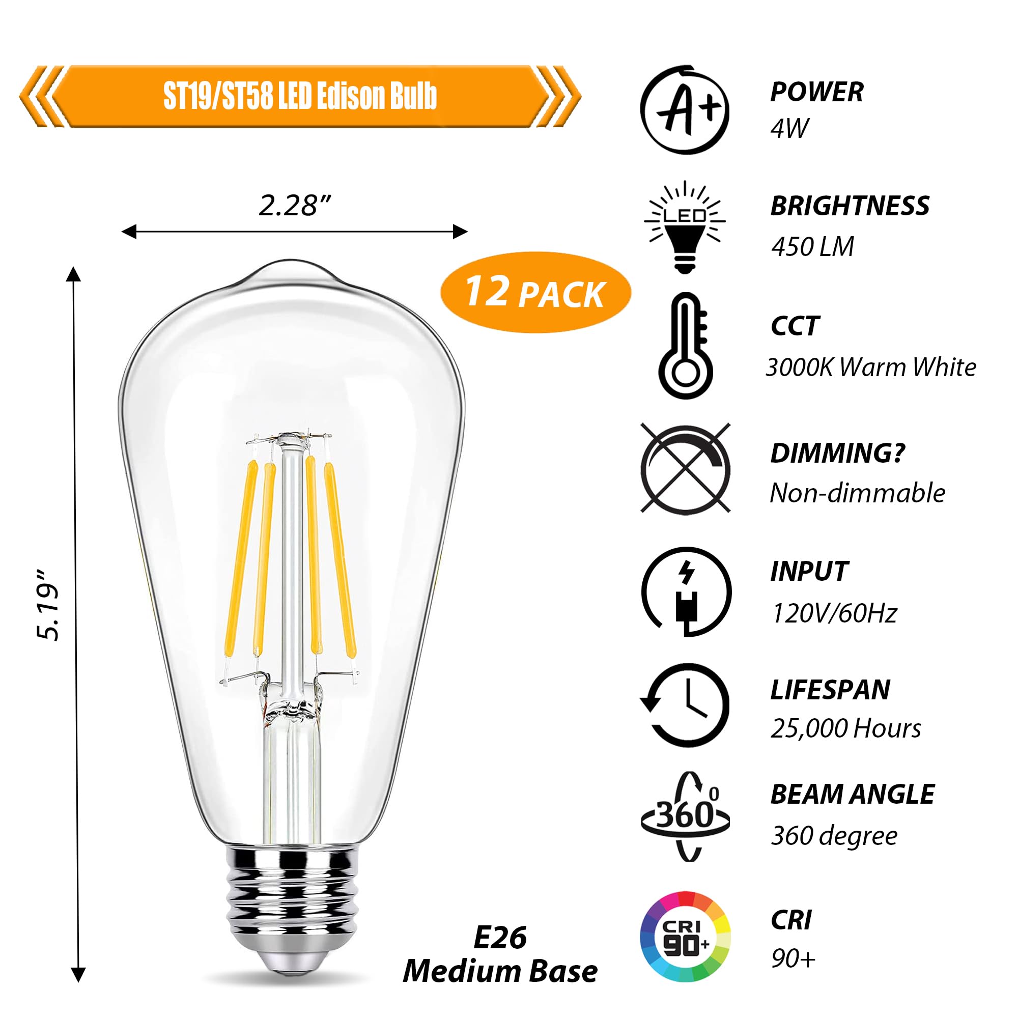 winsaLED 12 Pack LED Edison Bulbs, 4W Filament, 3000K Warm White, E26 Vintage, 450LM, CRI 90, Not Dimmable