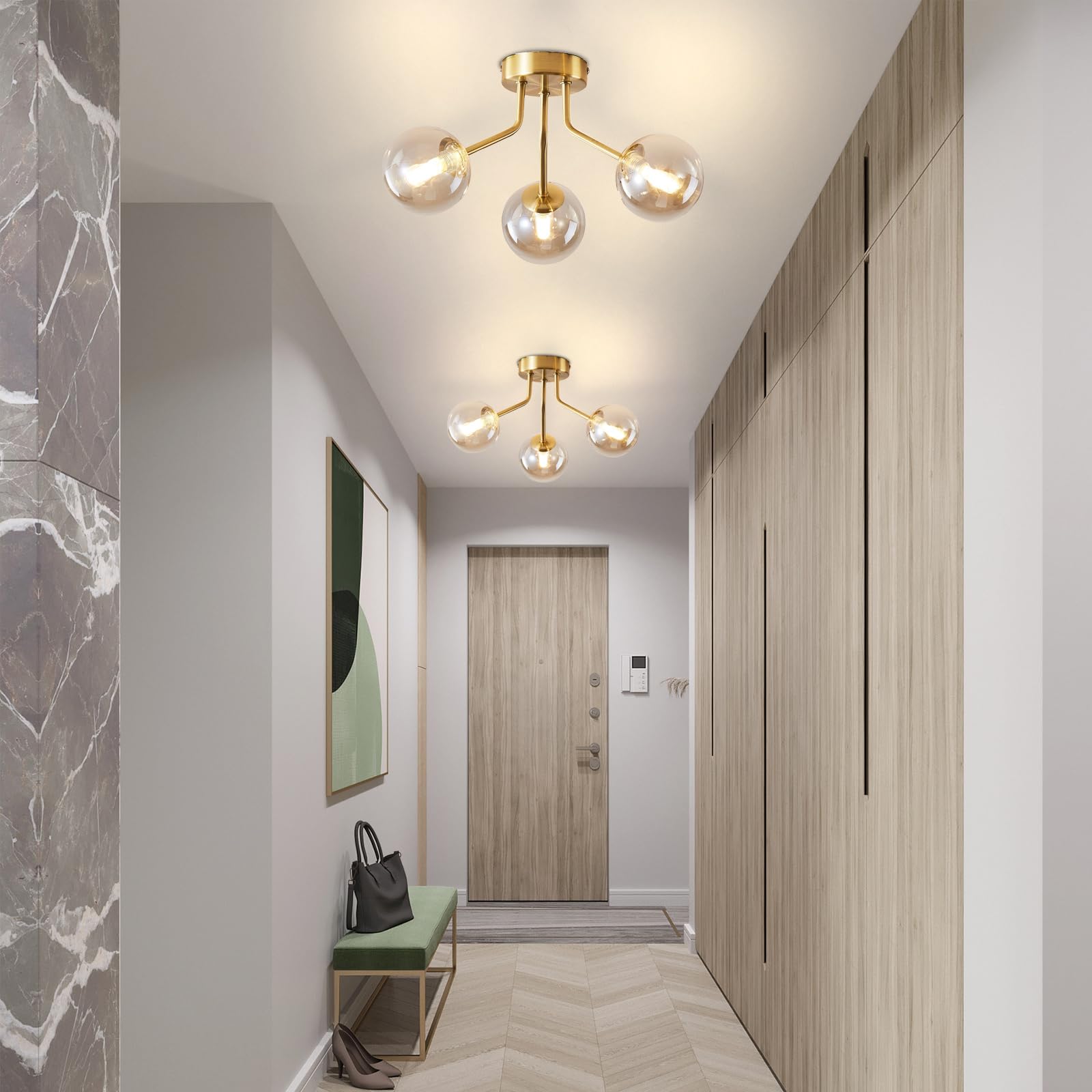 Modern Sputnik Chandeliers 3 Light Gold Semi Flush Mount Ceiling Light Fixture Pendant Lamps Bulbs With Glass Globe Lighting For