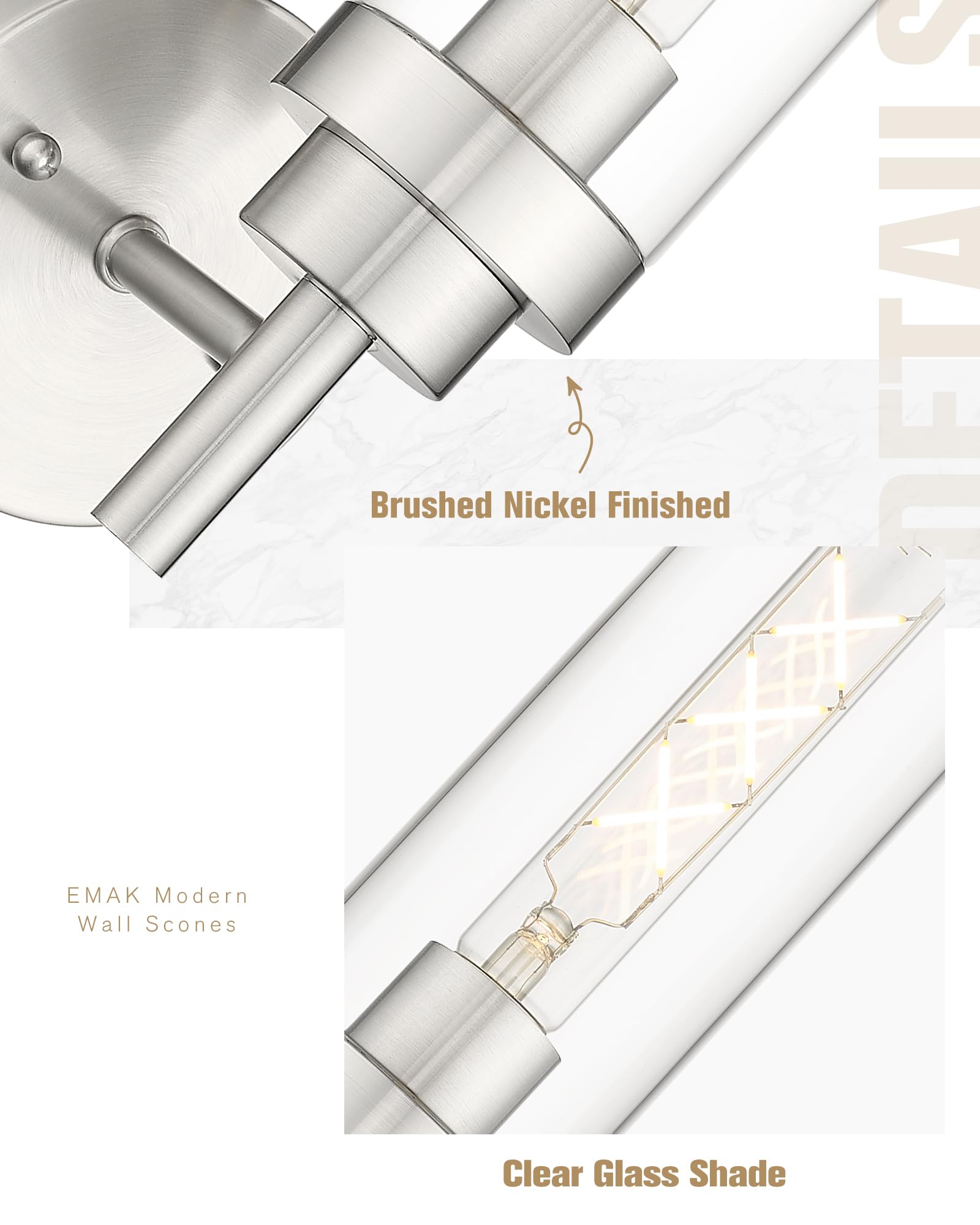 Emak Modern Wall Lights, Brushed Nickel Wall Sconces Set Of 2, Bathroom Vanity Light With Clear Glass Shade For Bathroom, Bedroo