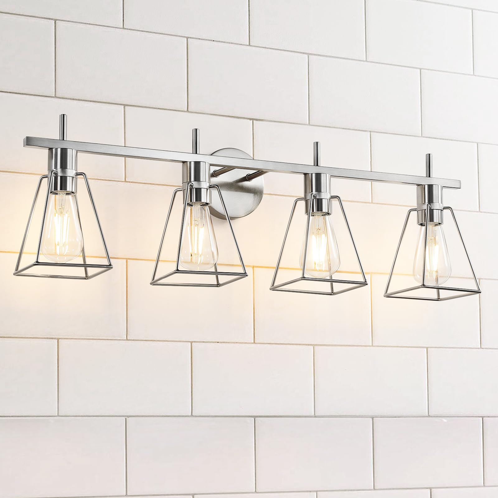 Hahzt Industrial Bathroom Vanity Lights: 4-Light Silver Brushed Nickel Vintage Metal Cage Wall Sconce - Rustic Farmhouse Light Fixture Over Mirrors Cabinet For Bath Hallway