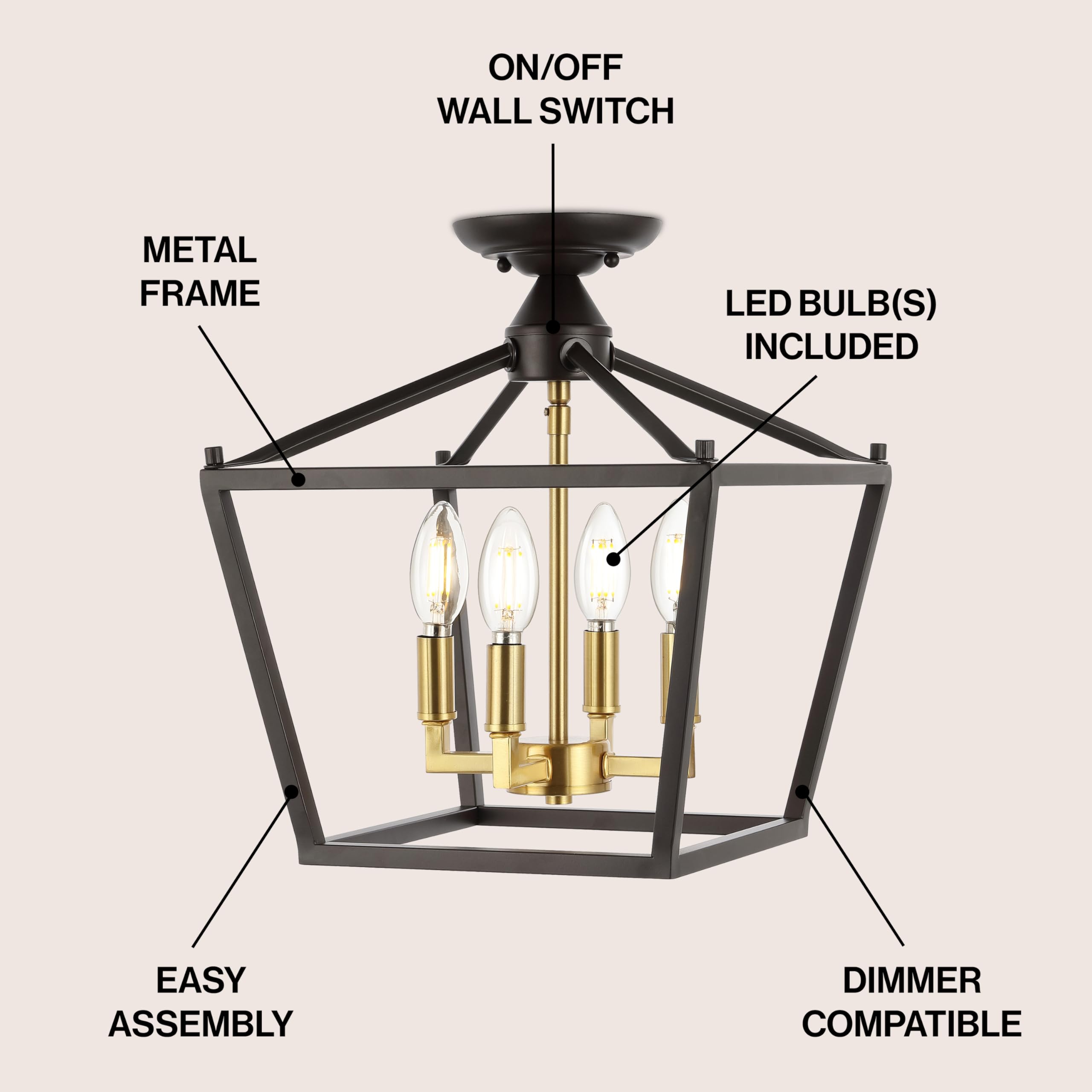 Jonathan Y Jyl7610G Plains Mini Lantern 12'' 4-Light Iron Modern Farmhouse Led Flush Mount, Office, Living Room, Family Room, Di