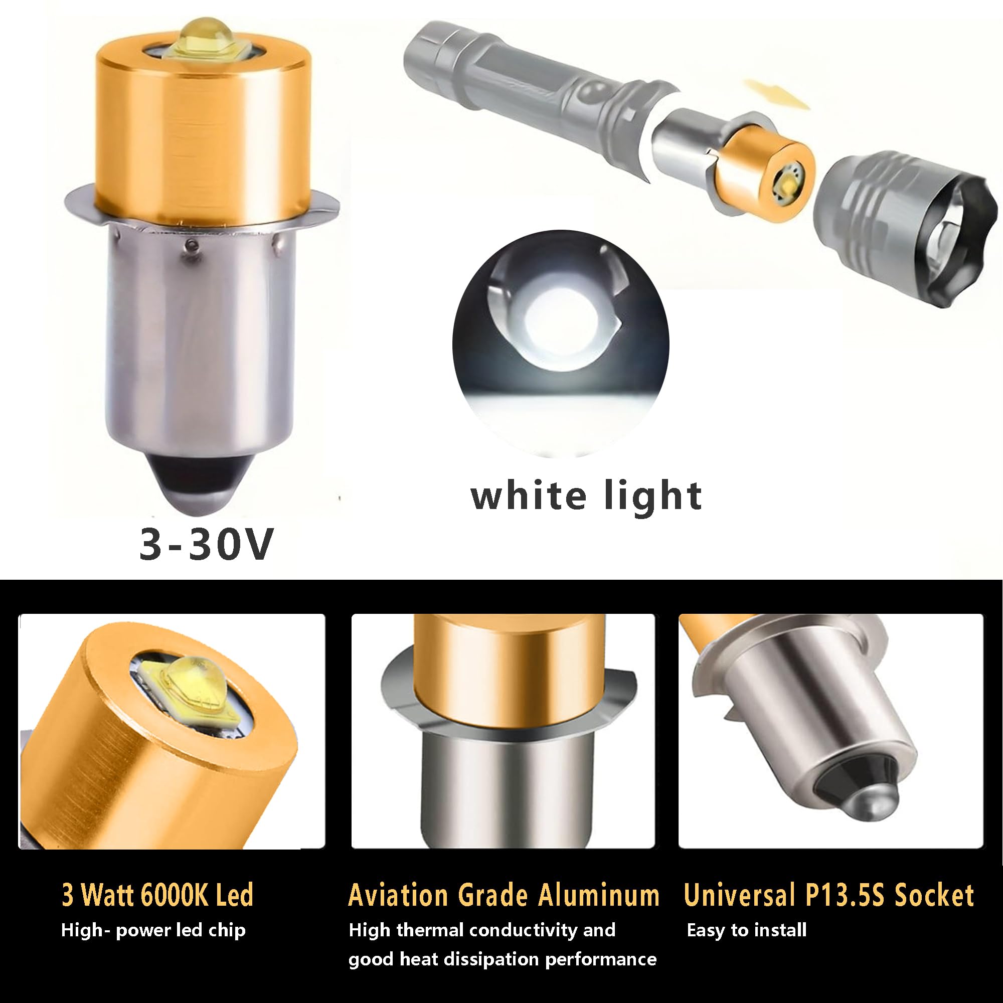 Led Maglight Bulb Replacement Dc 3-30V For 3-16 C&D Cell 3W Led Flashlights, Brighter & Longer Lifespan Than Original(3 Pack)