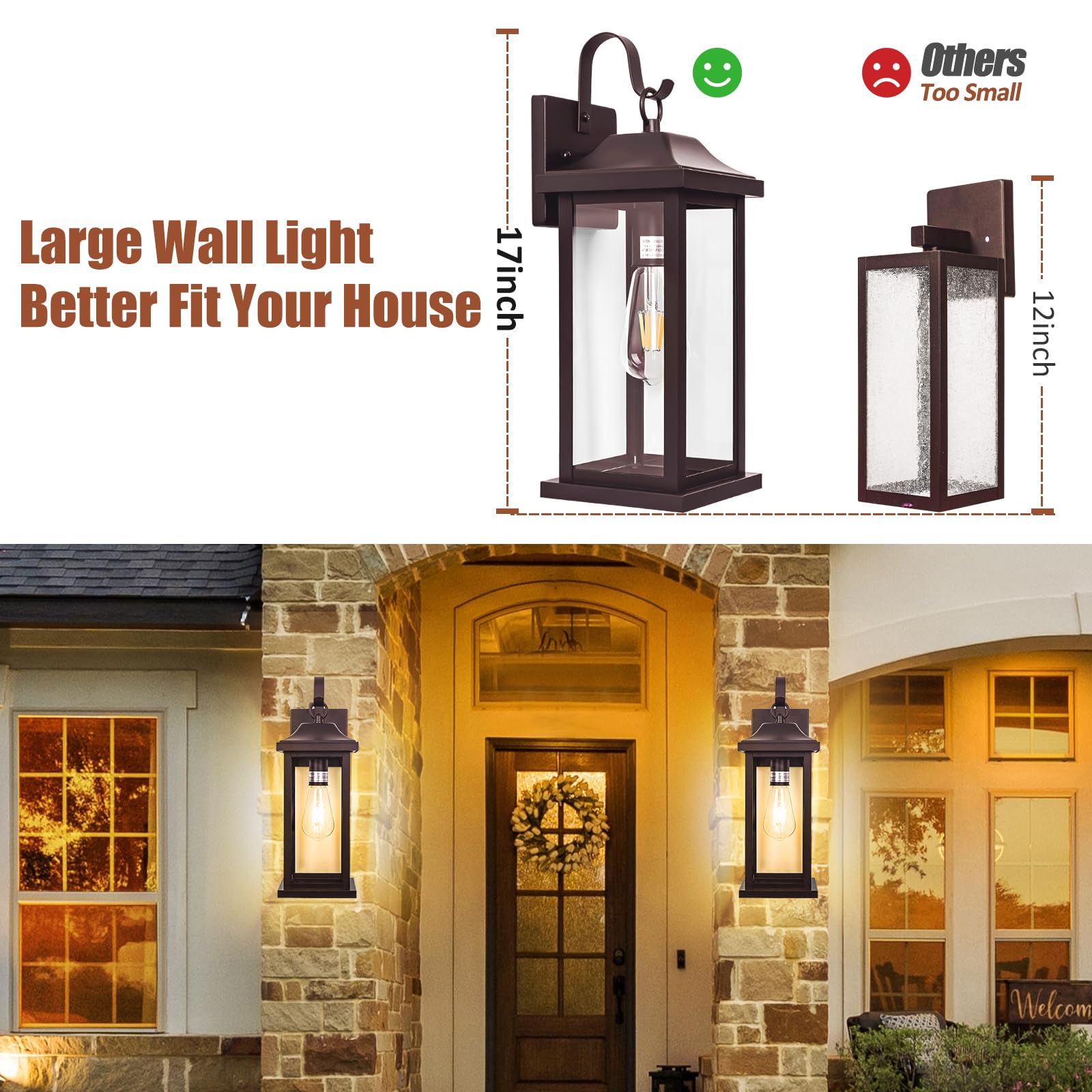 Roravilila 2-Pack Vintage Bronze Outdoor Wall Sconces, 17 Inch IP65 Waterproof Porch Lights, Clear Glass, E26 Bulb Base