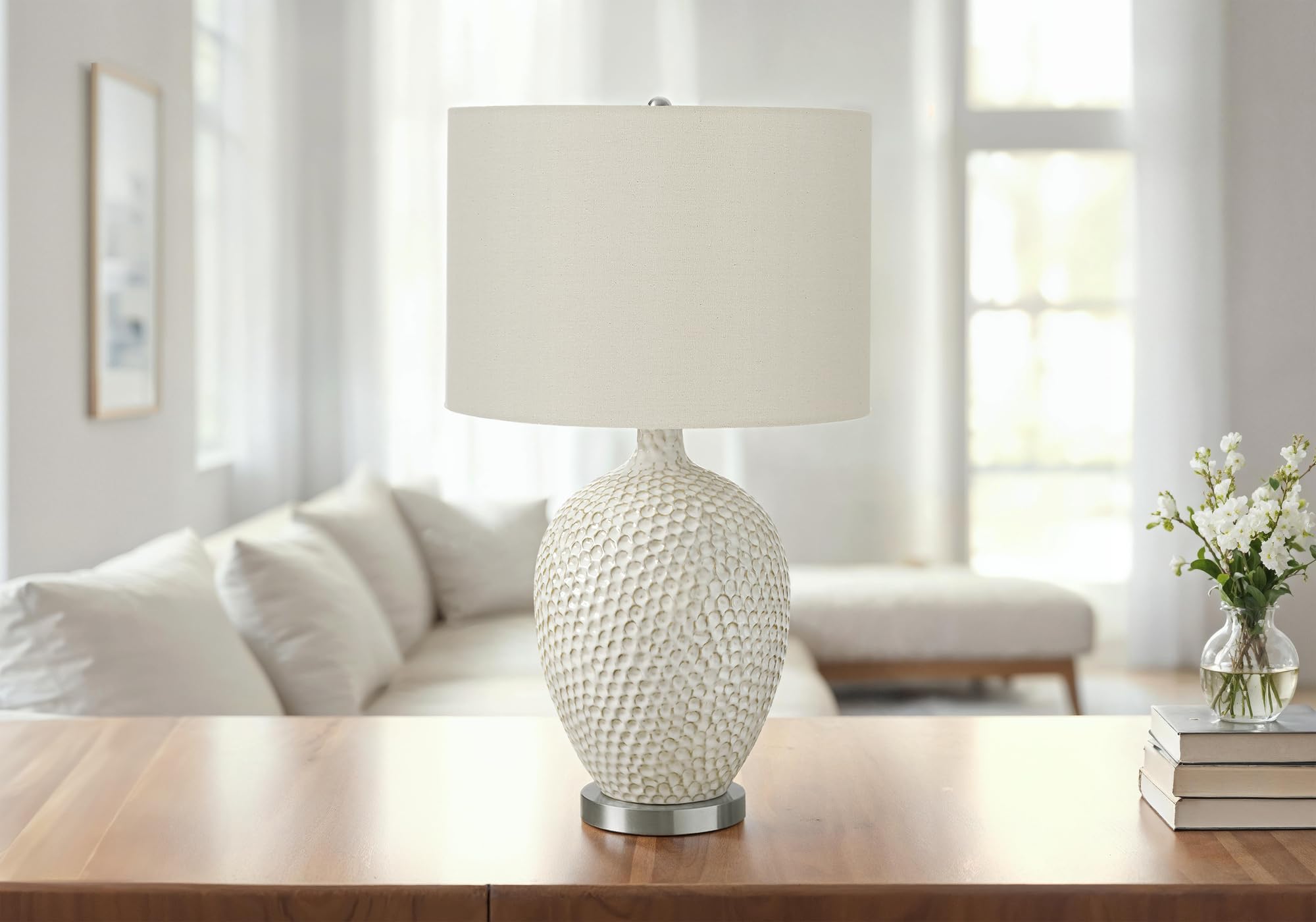 Monarch Specialties I 9607 Table Lamp, Cream Ceramic, Ivory/Cream Shade, 16inL x 16inW x 27.5inH