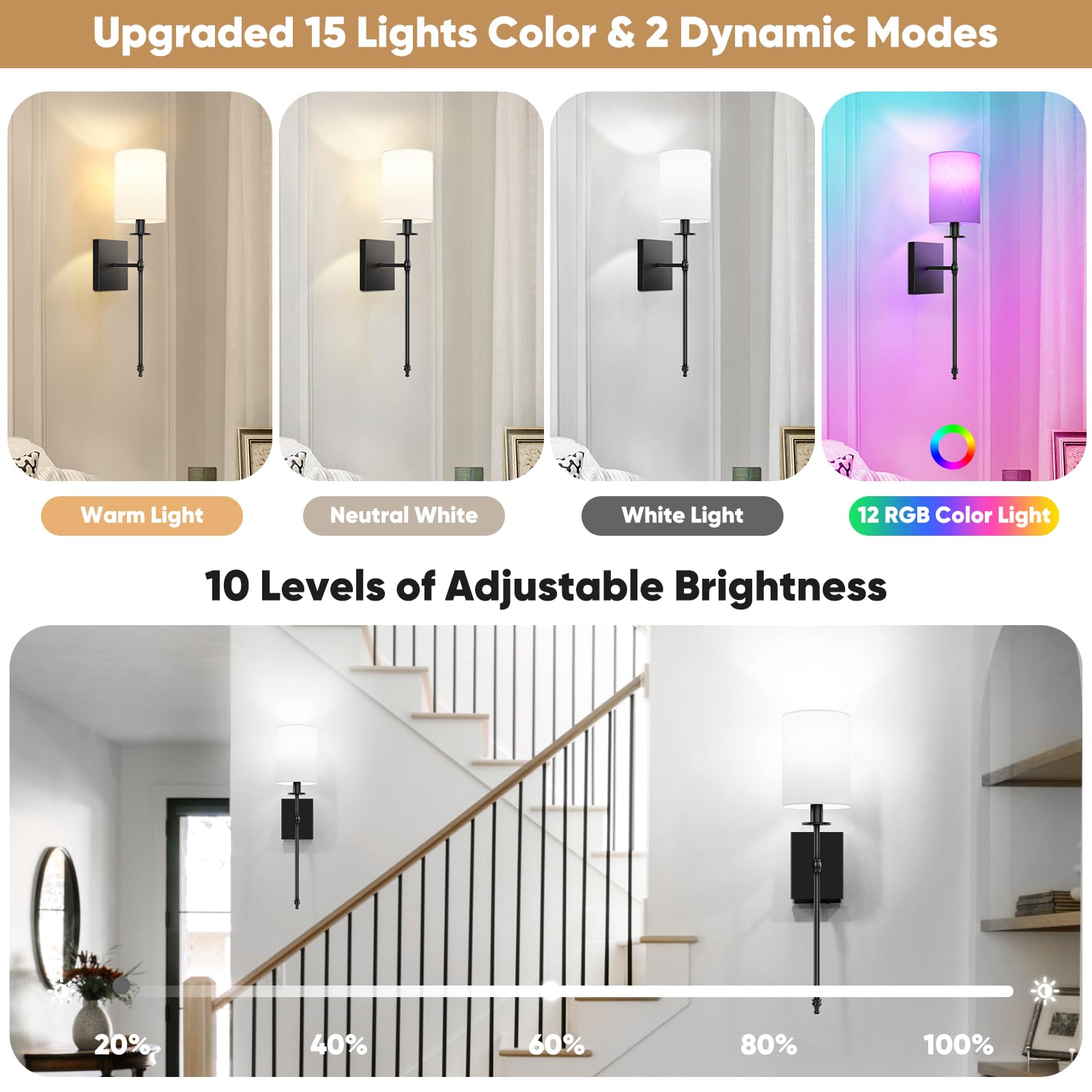 Bosceos Wall Sconces Set of 2, Rechargeable Wireless Lights, Dimmable, 24.8 Inch, Black and White, Model L2018-1BK