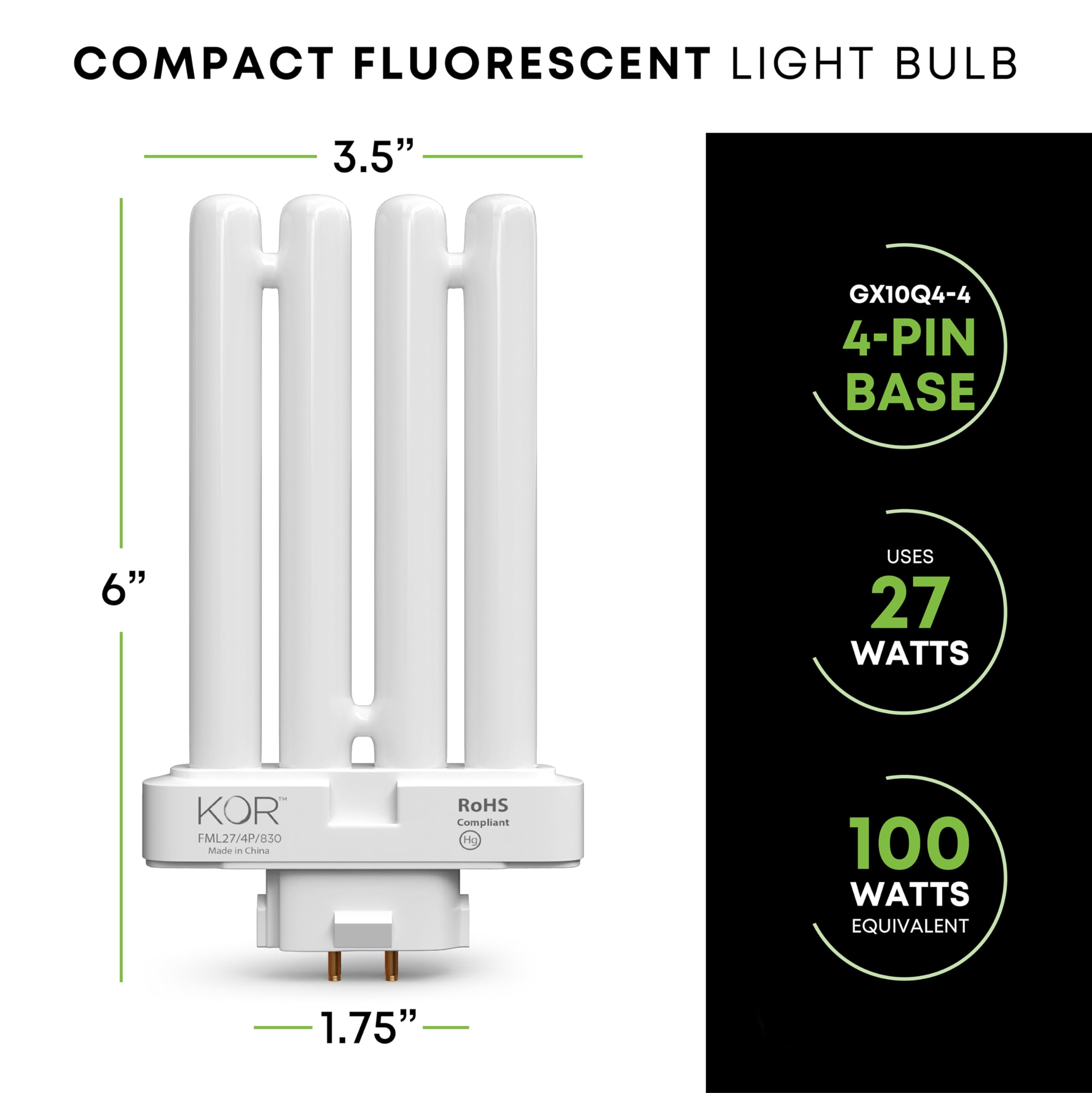Kor Pack Of 2 - Fml27-30K Light Bulbs 27 Watt 4 Pin Fml Lamp Replacement Bulb 3000K Soft White Cfl 27W Plugin Gx10Q-4 Base
