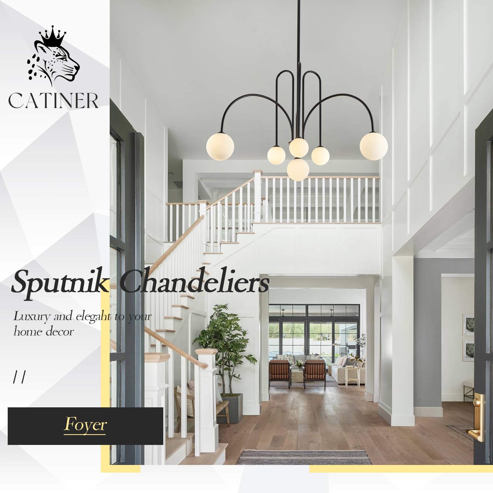 CATINER Modern Black 6-Light Sputnik Chandelier, Metal with White Glass Globe Shades, 40” for Dining Room, Foyer, Bedroom, Model P93-6B1
