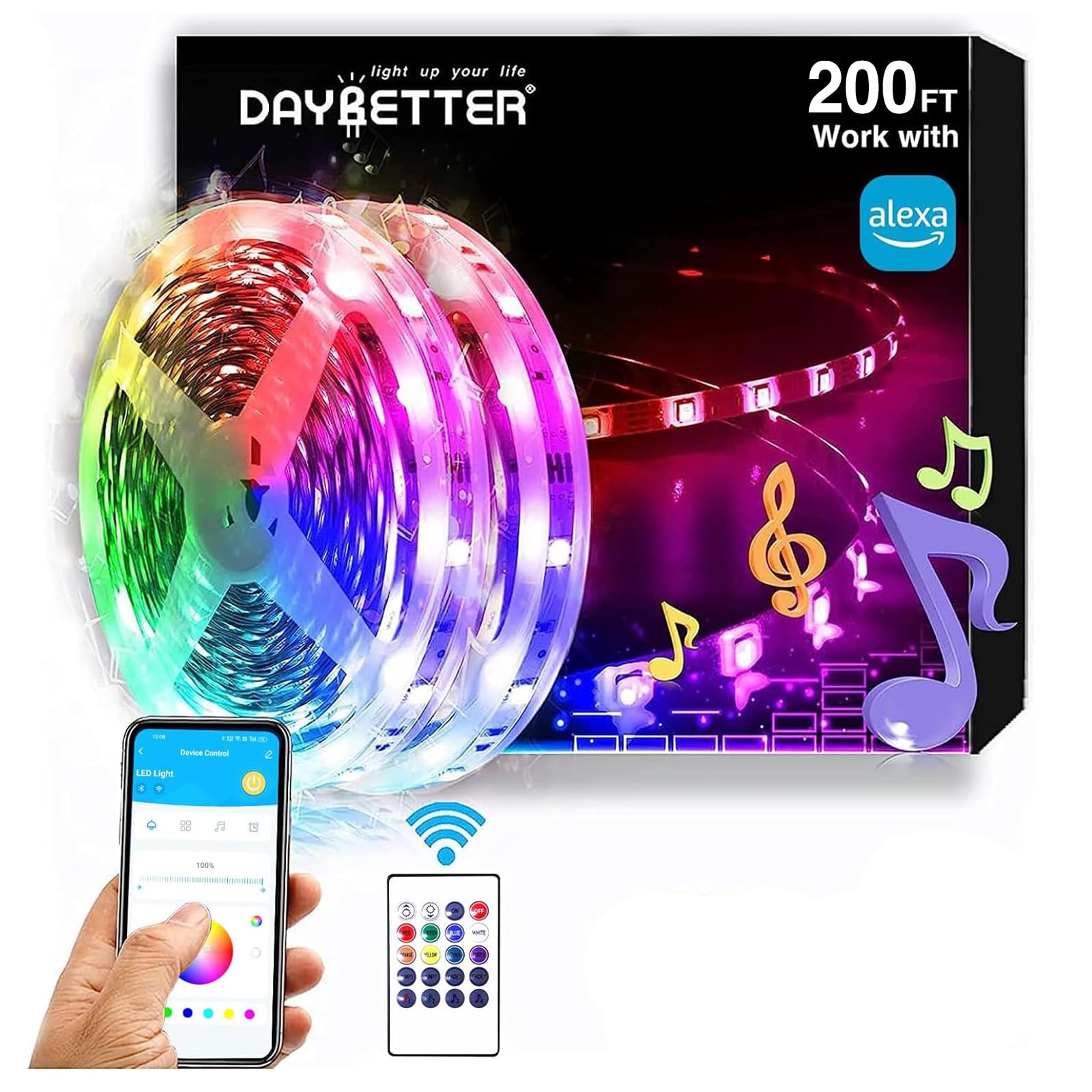 DAYBETTER RGB Led Light Strips Kit Compatible with Alexa and Google Assistant, Smart WiFi Led Strip Lights for Bedroom, Room, De