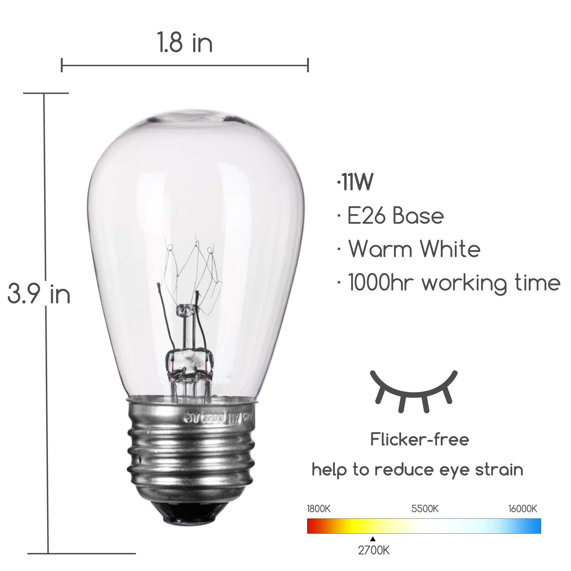 Moonflor S14 Replacement Light Bulbs, 11W Clear Glass Bulb Fits E26 Medium Base, Commercial Grade Dimmable Replacement Incandesc
