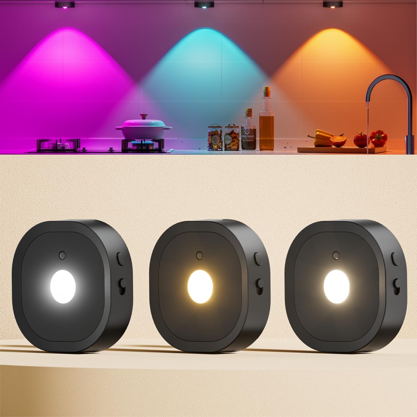 HOMEBEST Puck Lights with Remote, Rechargeable, 13 RGB Colors, 3 Pack, Black, Model HL05