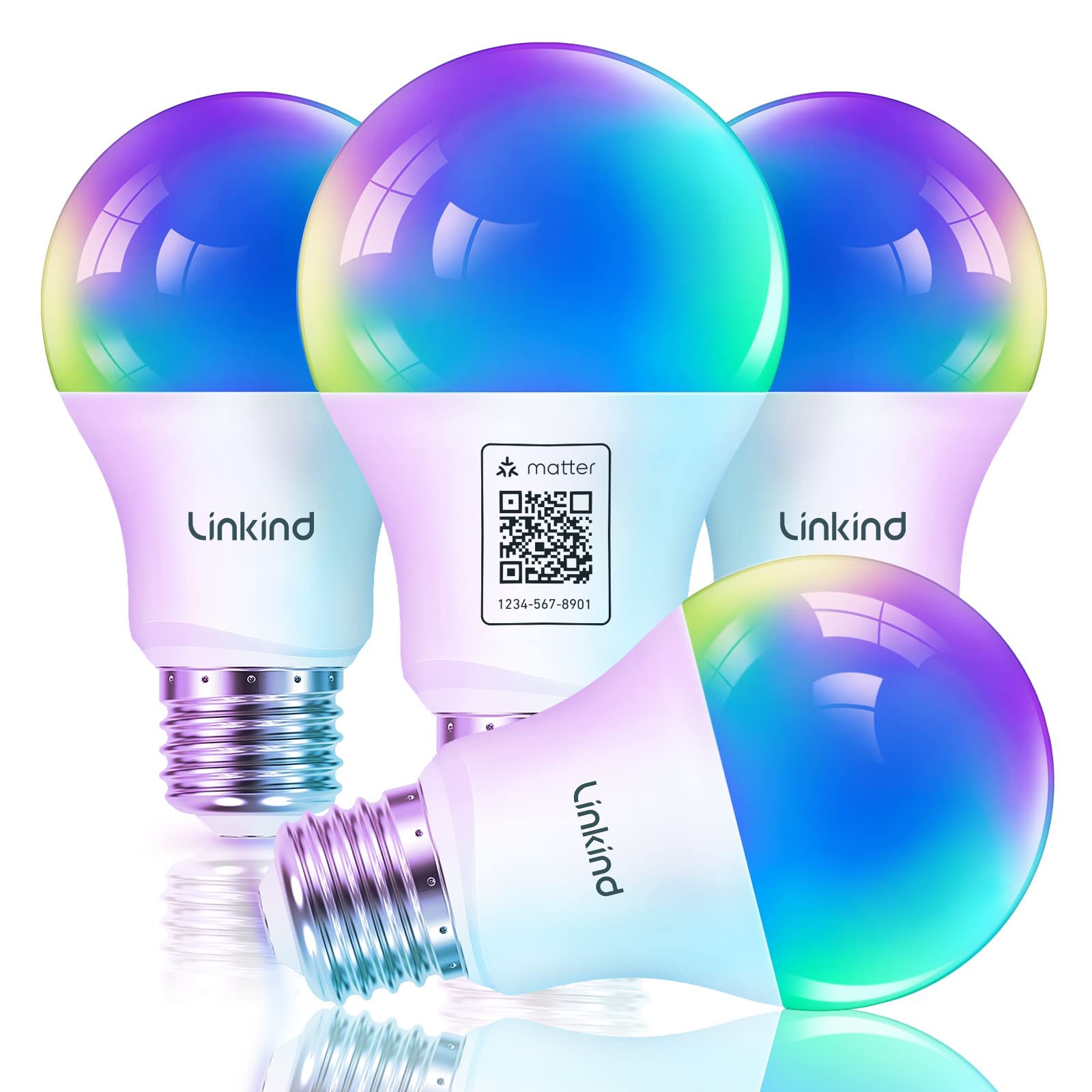 Linkind Matter Smart Light Bulb, 4 Pack, LED RGBTW Color Changing Bulbs, Music Sync, Smart Home, A19 E26 60W 800LM, 2.4Ghz WiFi Only