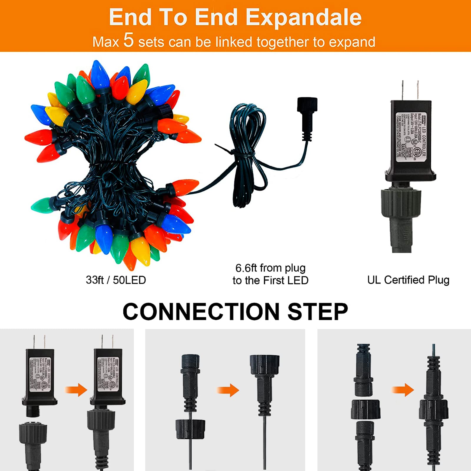 Hsxlxsc C9 Bulbs Christmas Lights, 33Ft 50Leds Outdoor Christmas String Lights, 5 Sets Connectable, Ip65 Waterproof Outdoor Indo