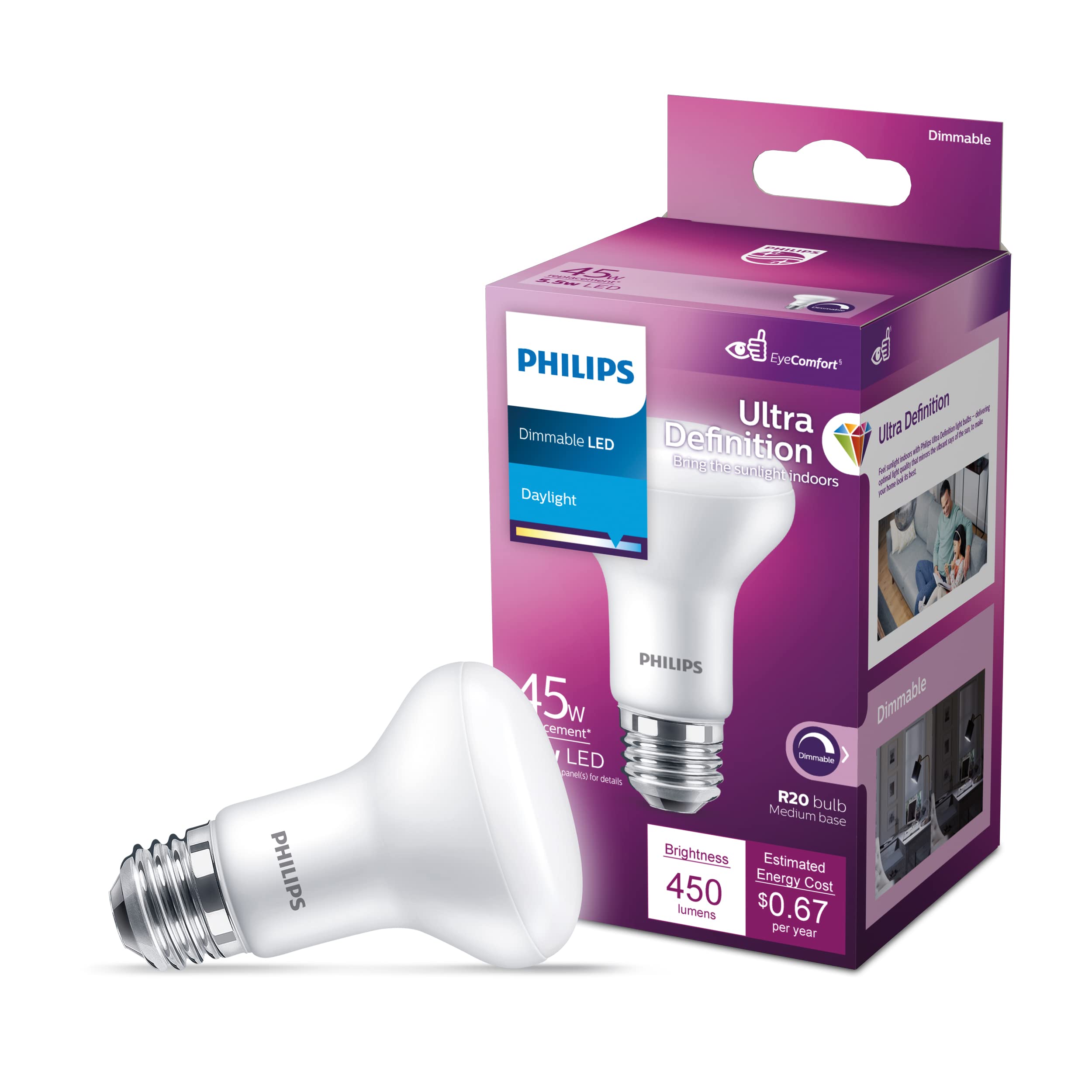 Philips LED R20 Light Bulb, 5.5W=45W, 450 Lumen, Daylight 5000K, Frosted Glass, E26 Base, 4-Pack