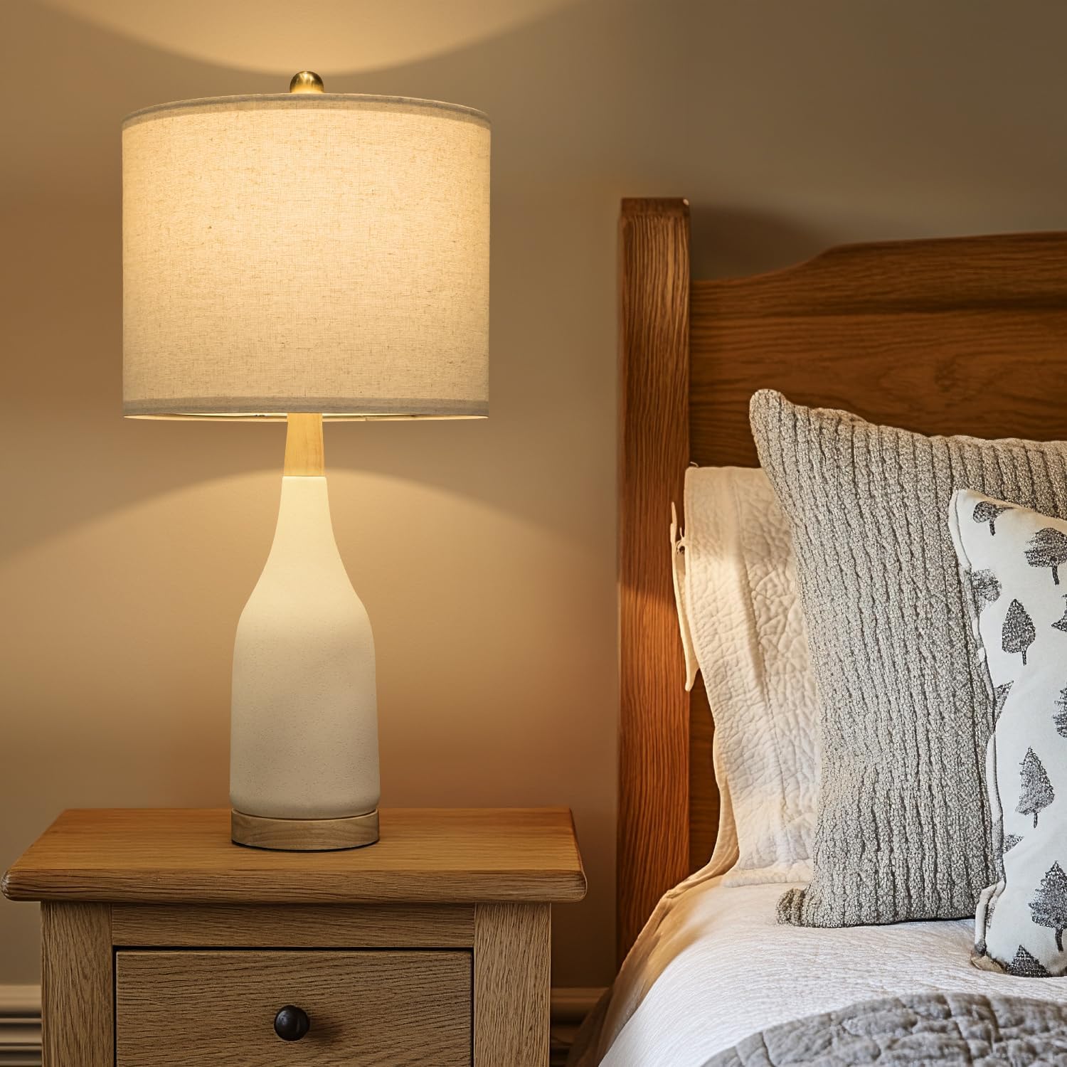 Portres 27 Ceramic Table Lamps For Bedroom Living Room Vintage Lamp Set Of 2 Bedside Nightstand Lamp Large Farmhouse Rustic Boho Retro Modern Table Lamp Light Home Office Desk Deco Gifts  White