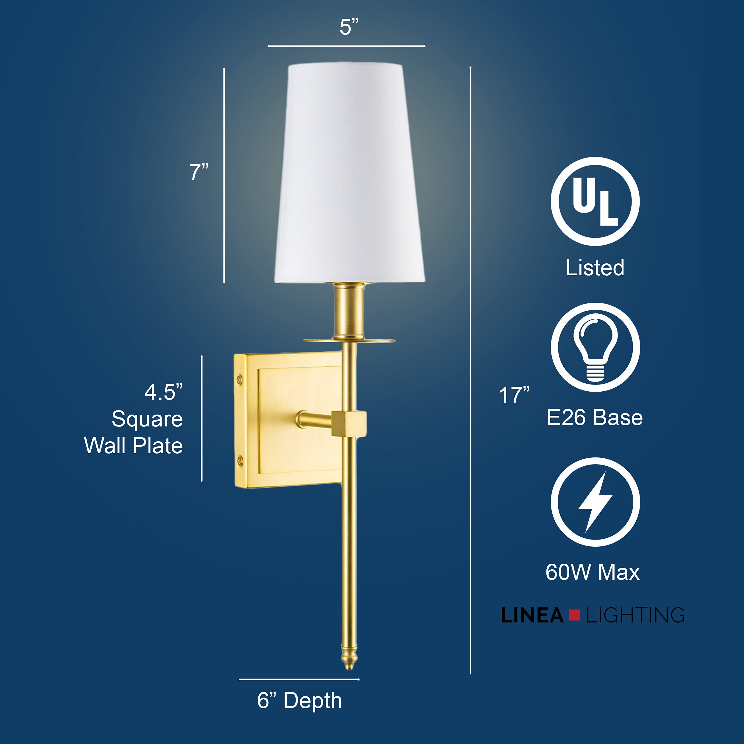 Linea di Liara Wall Sconce - Gold Brushed Brass Indoor Lighting, Modern Design with White Fabric Shade, Model LL-SC425-AB