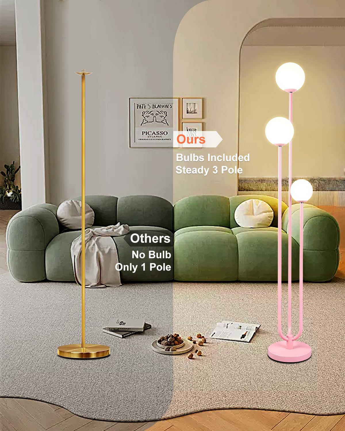 Lightdot 63" Pink Mid Century Modern Floor Lamp with 3 Globe Soft White Bulbs - U-Style, Ideal for Living Room and Bedroom