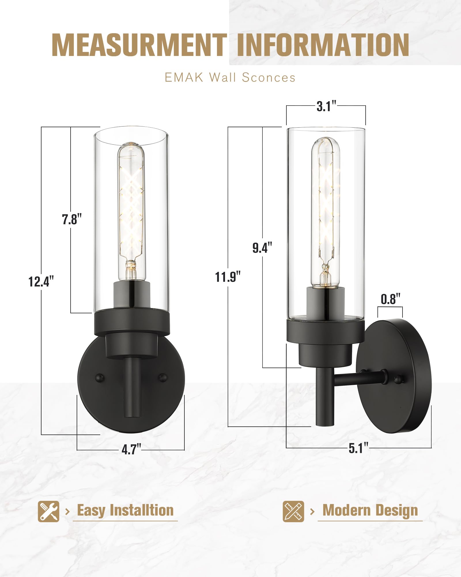 Emak Modern Black Wall Sconce, 1 Light Wall Lights With Clear Glass Shade, Farmhouse Vanity Lights For Bathroom, Mirror, Hallway