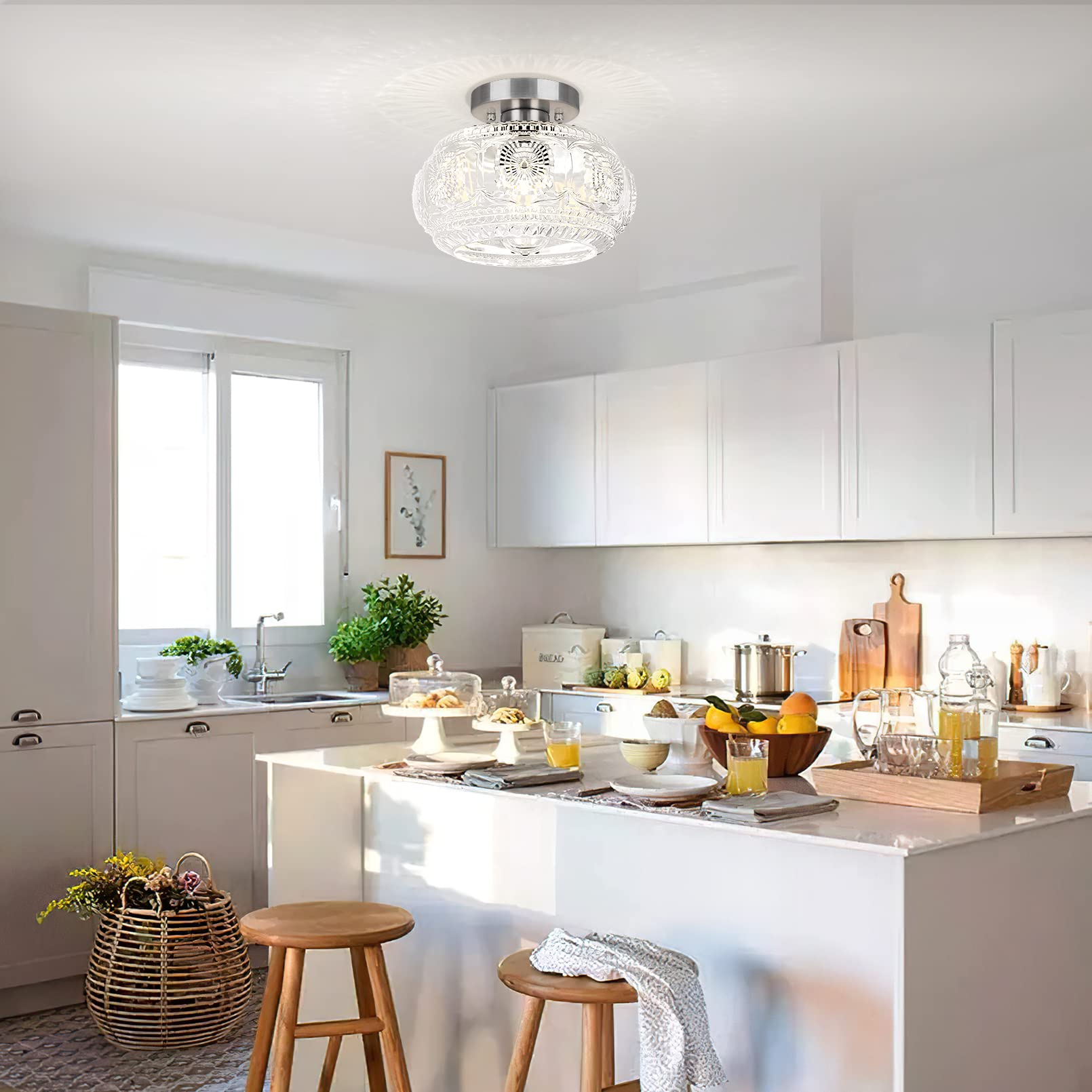 Oykyohei Brushed Nickel Semi Flush Mount Ceiling Light, Glass Shade Modern Ceiling Light Fixture, Lighting For Hallway Bedroom E