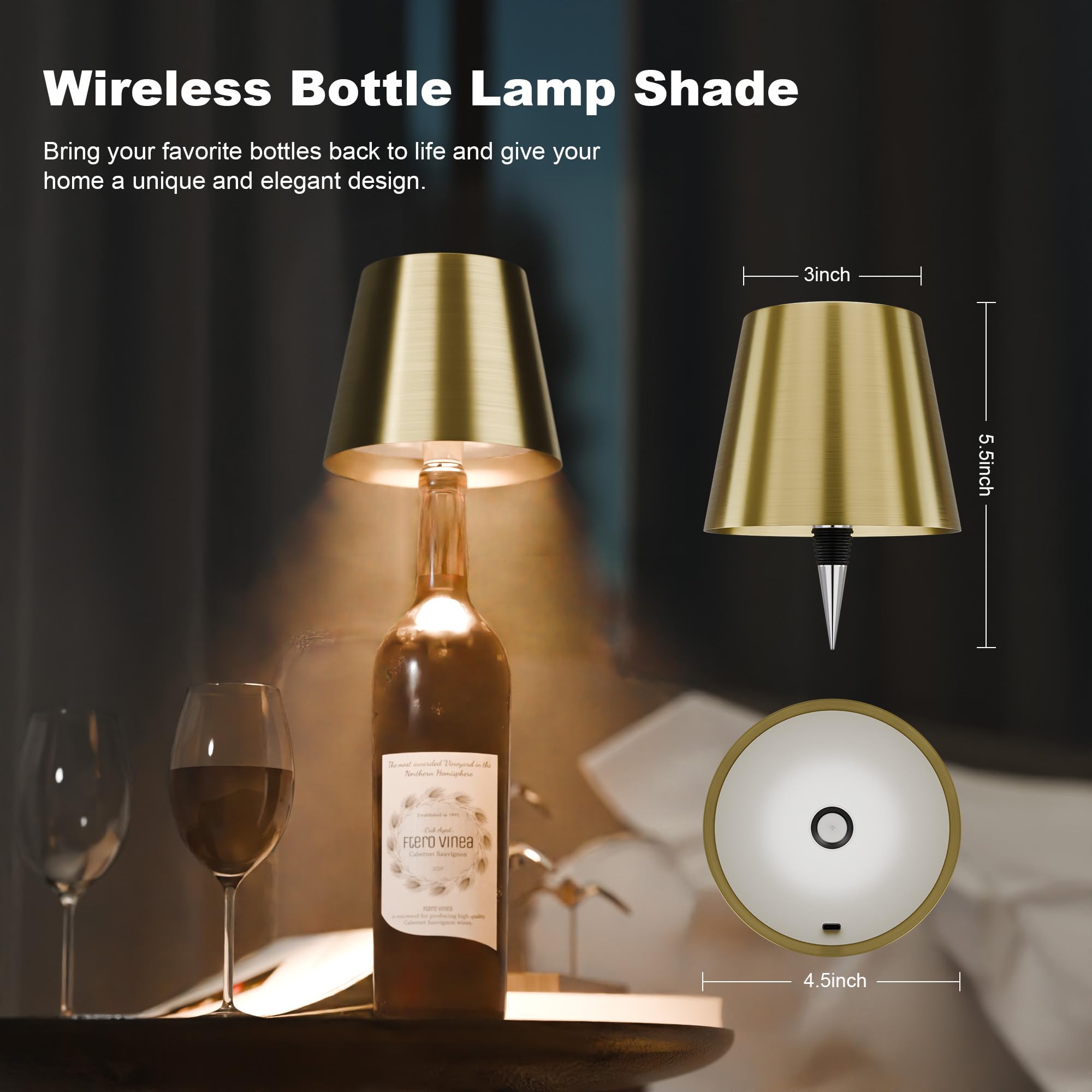 ULAROOM Wireless LED Bottle Lamp, Rechargeable USB-C, 3 Color Dimmable, Small Bedside Desk Lamp, Gold