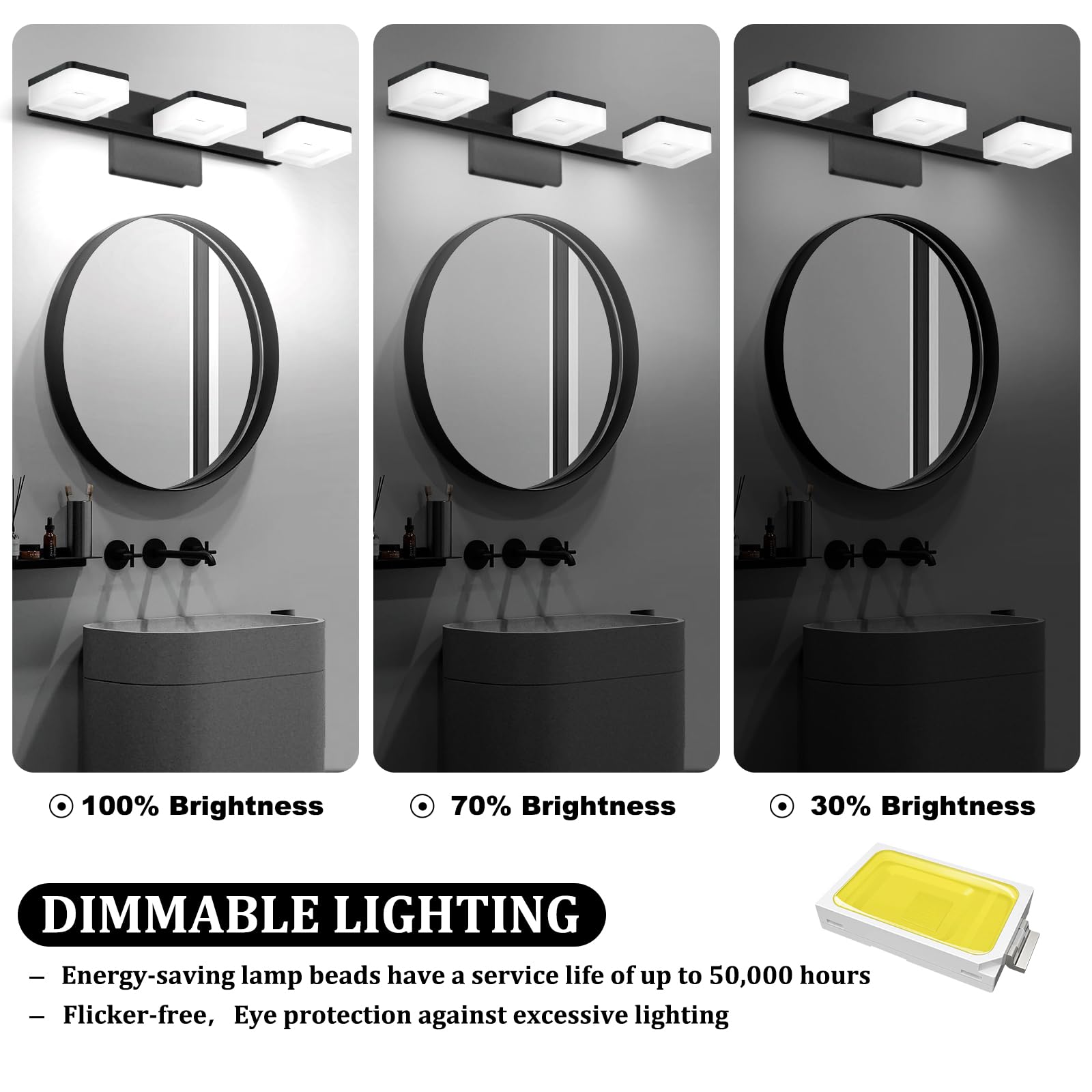 OKELI Modern LED Bathroom Light - Dimmable 3-Light Fixture, 6000K, Chrome, Stainless Steel, Model OKELI-3L-6000K-360R